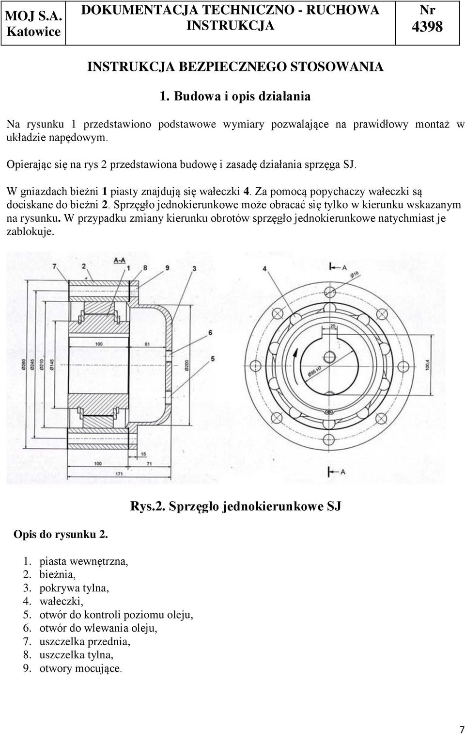 Sprzęgło jednokierunkowe może obracać się tylko w kierunku wskazanym na rysunku. W przypadku zmiany kierunku obrotów sprzęgło jednokierunkowe natychmiast je zablokuje. Opis do rysunku 2.