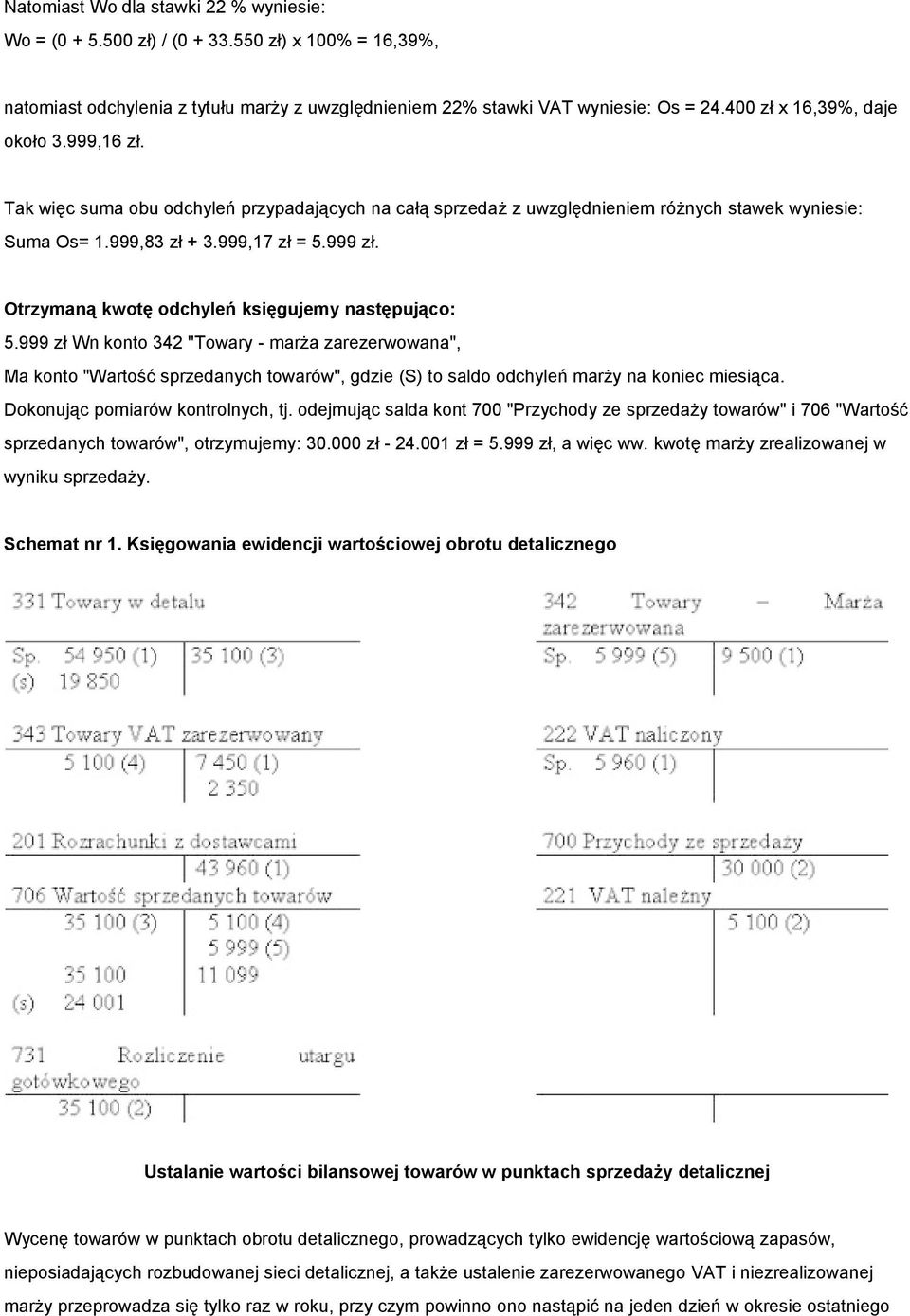 Otrzymaną kwotę odchyleń księgujemy następująco: 5.999 zł Wn konto 342 "Towary - marża zarezerwowana", Ma konto "Wartość sprzedanych towarów", gdzie (S) to saldo odchyleń marży na koniec miesiąca.