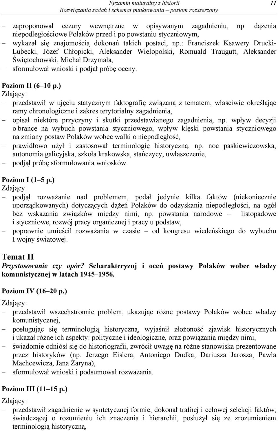 : Franciszek Ksawery Drucki- Lubecki, Józef Chłopicki, Aleksander Wielopolski, Romuald Traugutt, Aleksander Świętochowski, Michał Drzymała, sformułował wnioski i podjął próbę oceny. Poziom II (6 10 p.