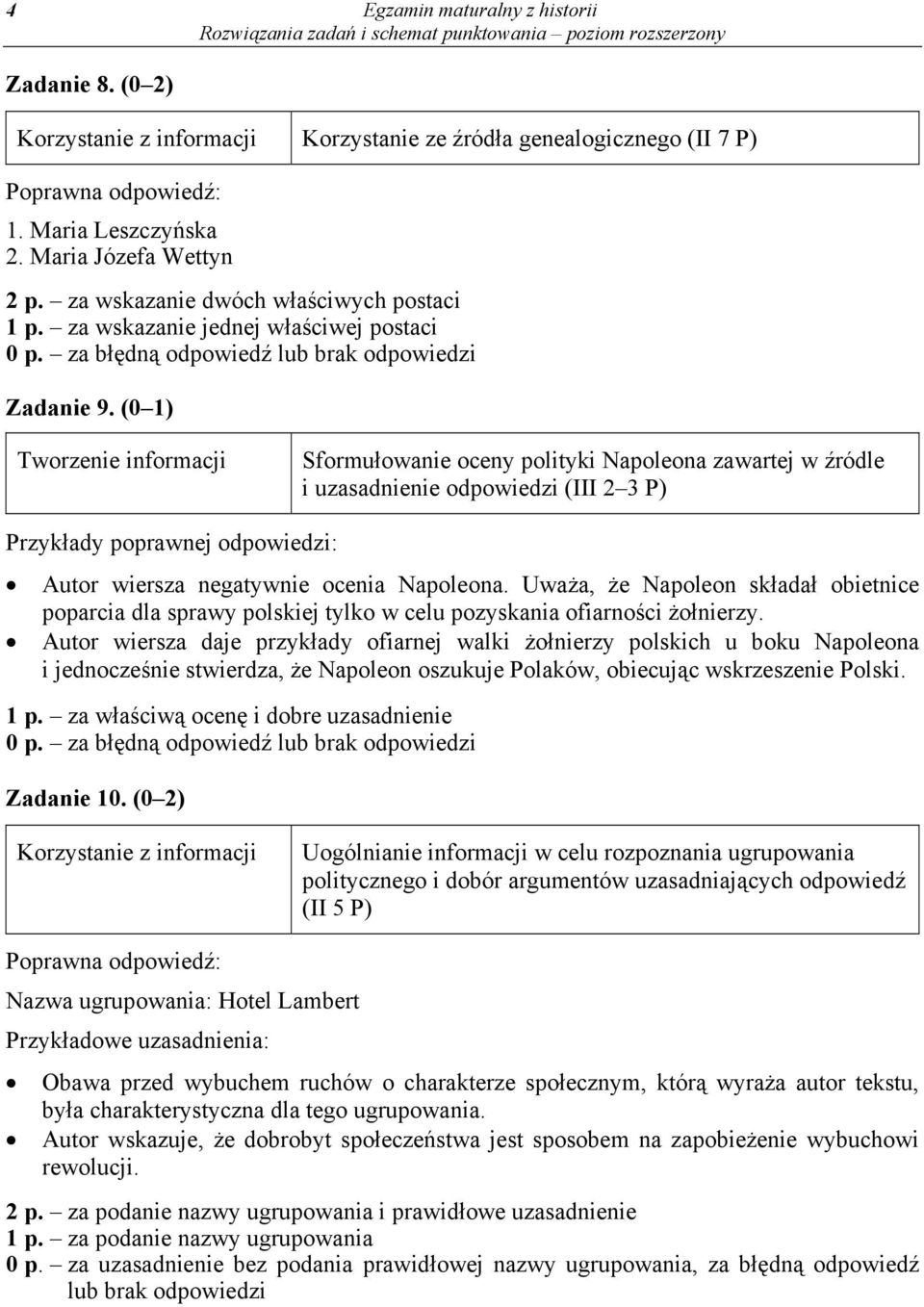 (0 1) Tworzenie informacji Sformułowanie oceny polityki Napoleona zawartej w źródle i uzasadnienie odpowiedzi (III 2 3 P) Autor wiersza negatywnie ocenia Napoleona.