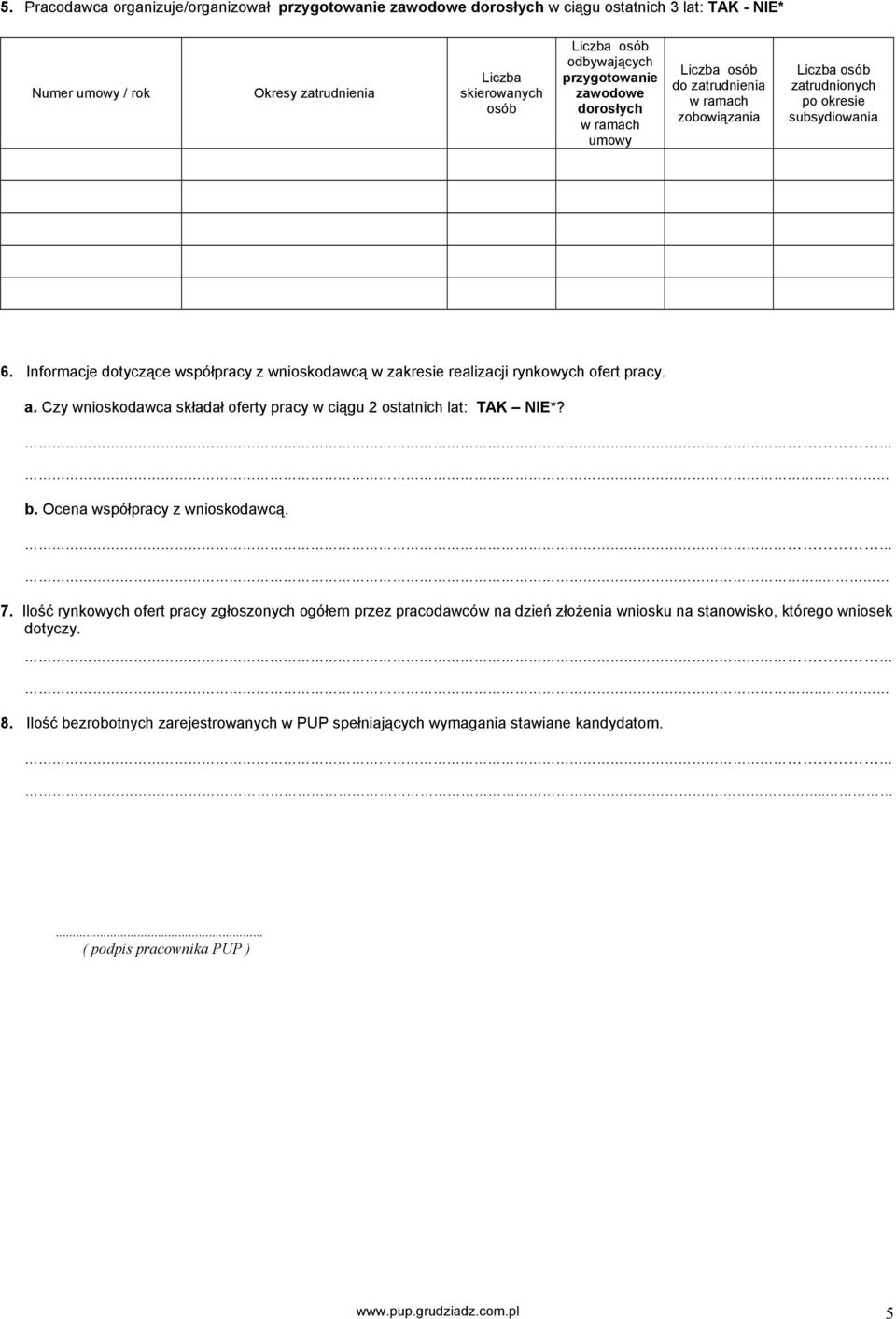 Czy wnioskodawca składał oferty pracy w ciągu 2 ostatnich lat: TAK NIE*?.. b. Ocena współpracy z wnioskodawcą... 7.