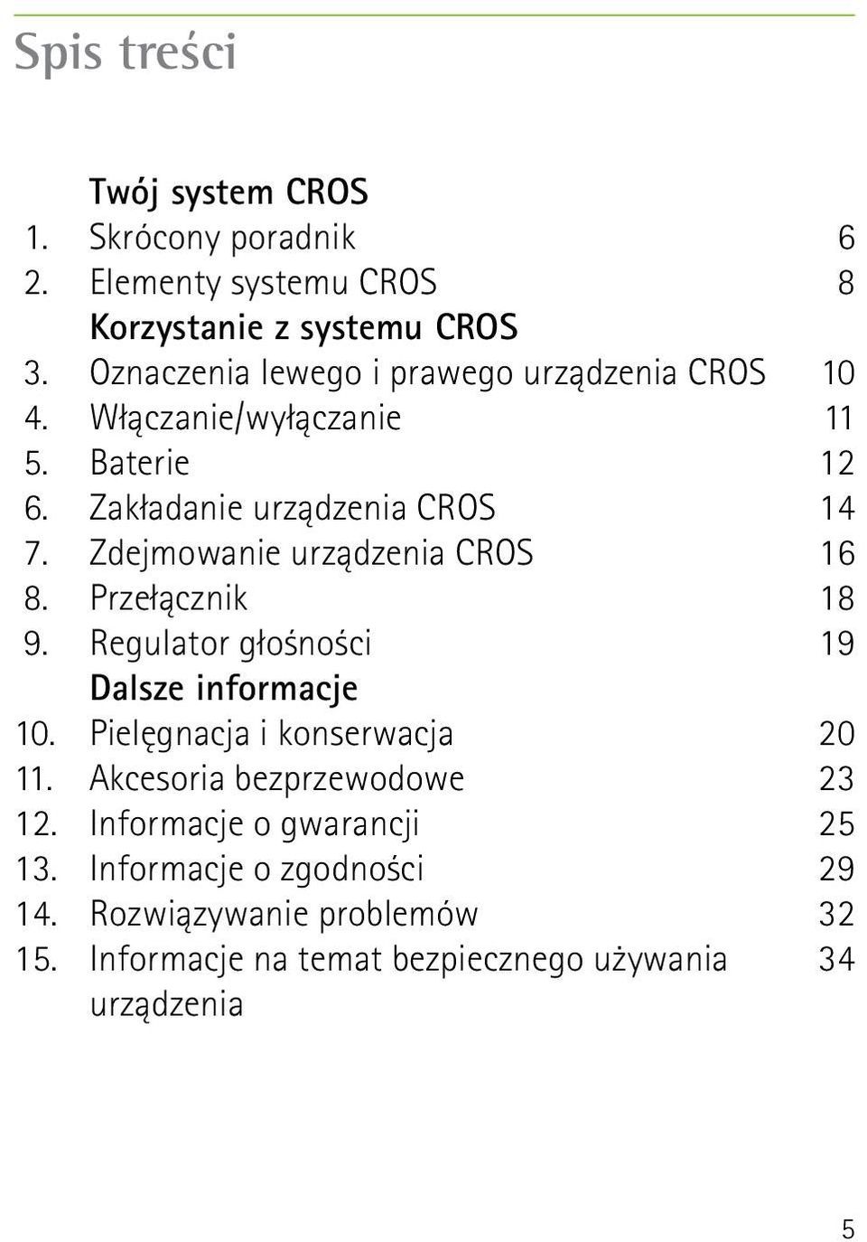 Zdejmowanie urządzenia CROS 8. Przełącznik 9. Regulator głośności Dalsze informacje 10. Pielęgnacja i konserwacja 11.