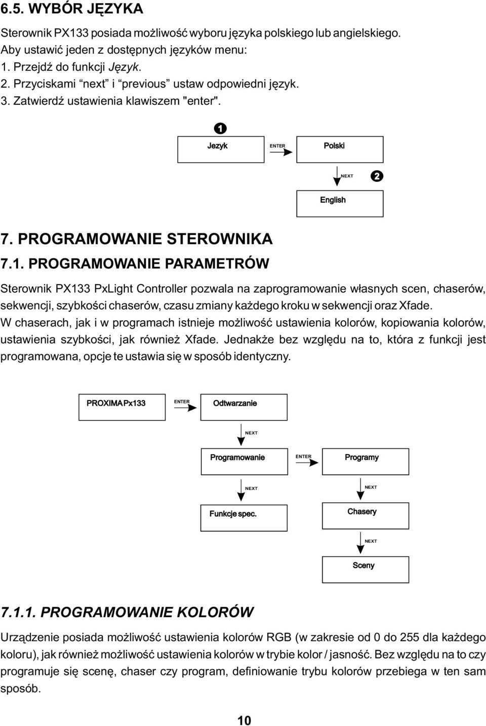 . PROGRAMOWANIE PARAMETRÓW Sterownik PX PxLight Controller pozwala na zaprogramowanie własnych scen, chaserów, sekwencji, szybkości chaserów, czasu zmiany każdego kroku w sekwencji oraz Xfade.