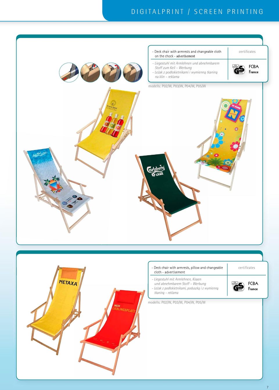 Stoff zum Keil Werbung - Leżak z podłokietnikami i wymienną tkaniną na klin reklama FCBA France modells: P02/W, P03/W, P04/W, P05/W - Deck chair with armrests, pillow and changeable cloth -