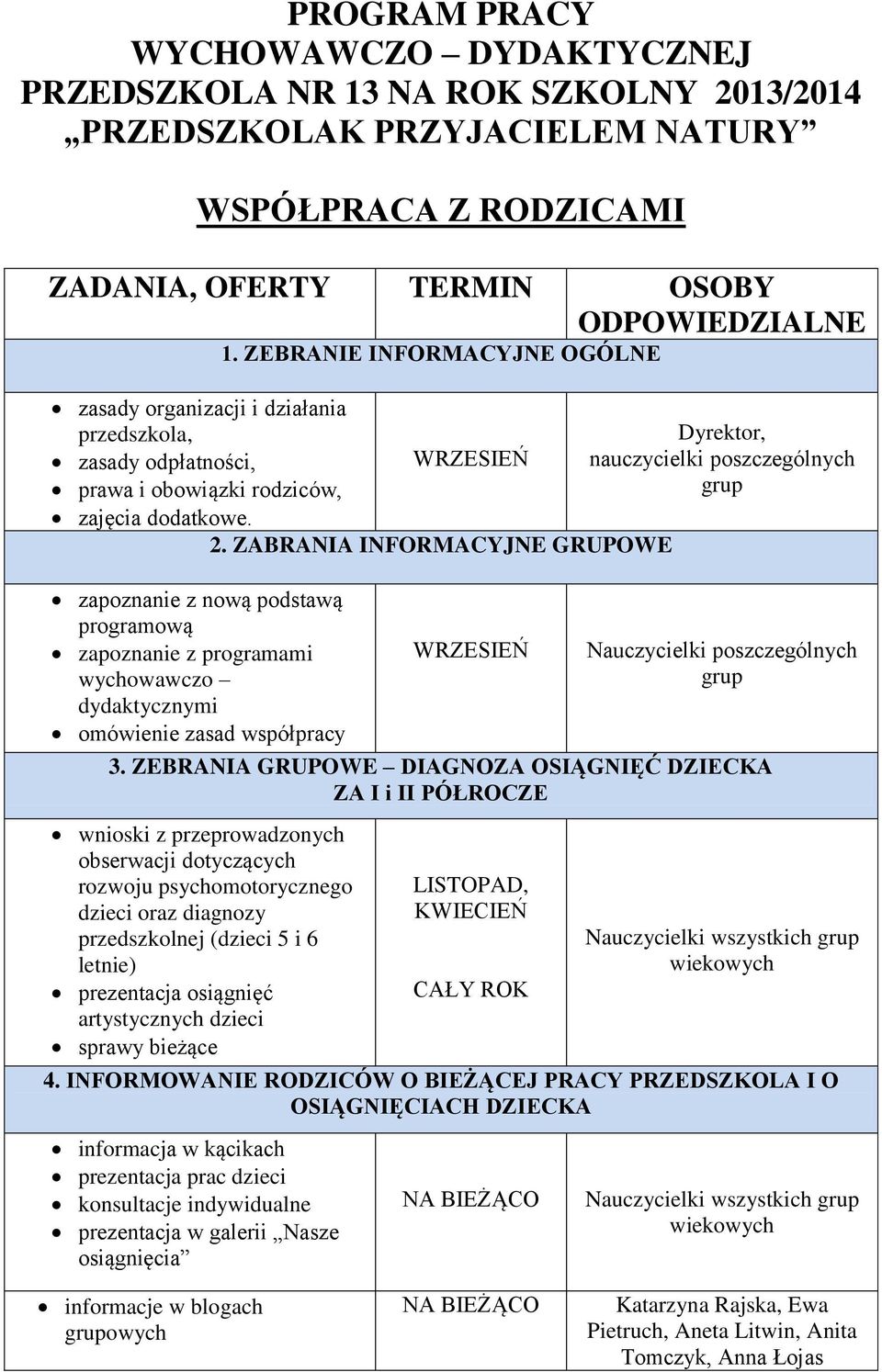 zapoznanie z nową podstawą programową zapoznanie z programami wychowawczo dydaktycznymi omówienie zasad współpracy WRZESIEŃ 2.