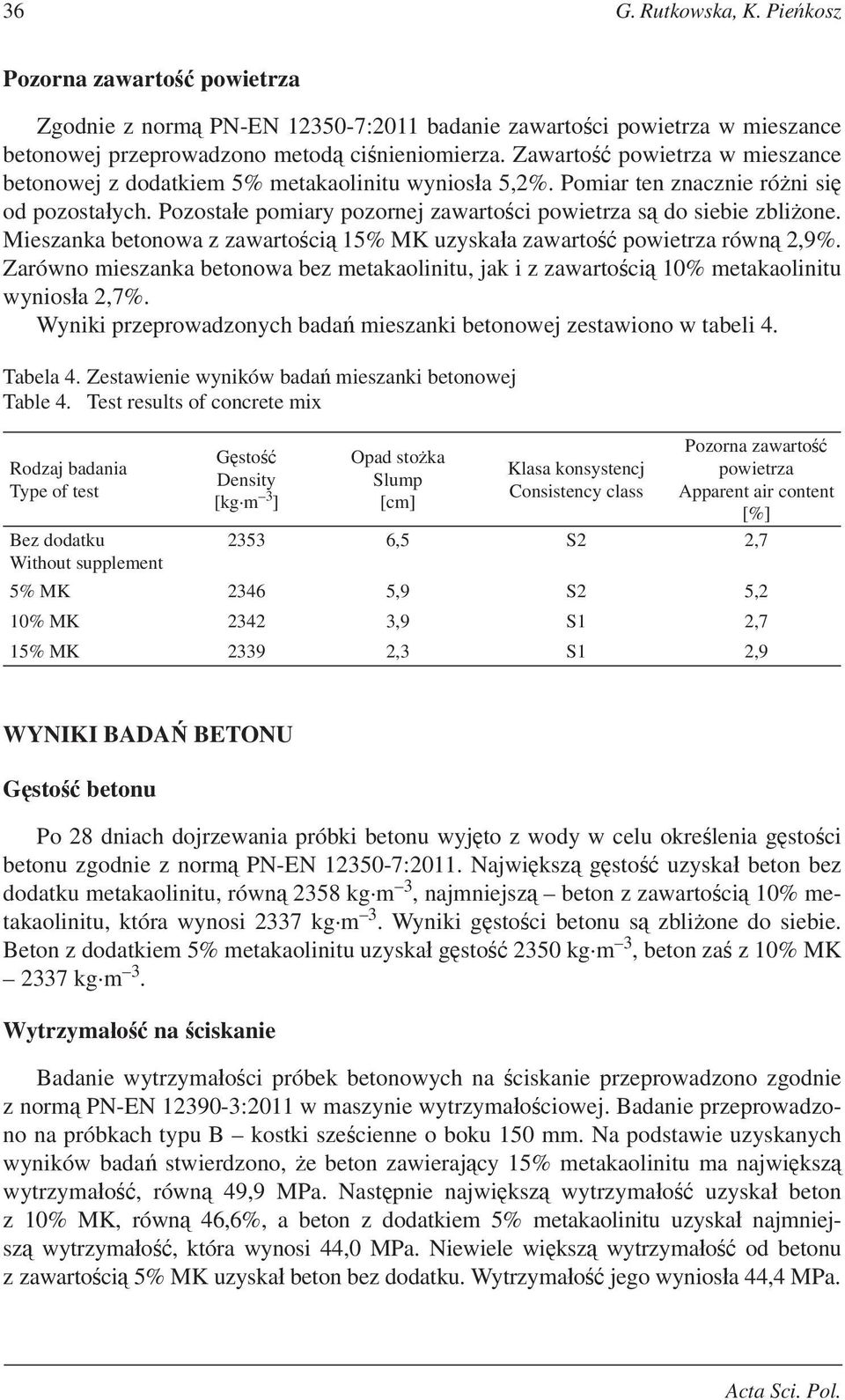 Mieszanka betonowa z zawarto ci 15% MK uzyska a zawarto powietrza równ 2,9%. Zarówno mieszanka betonowa bez metakaolinitu, jak i z zawarto ci 10% metakaolinitu wynios a 2,7%.