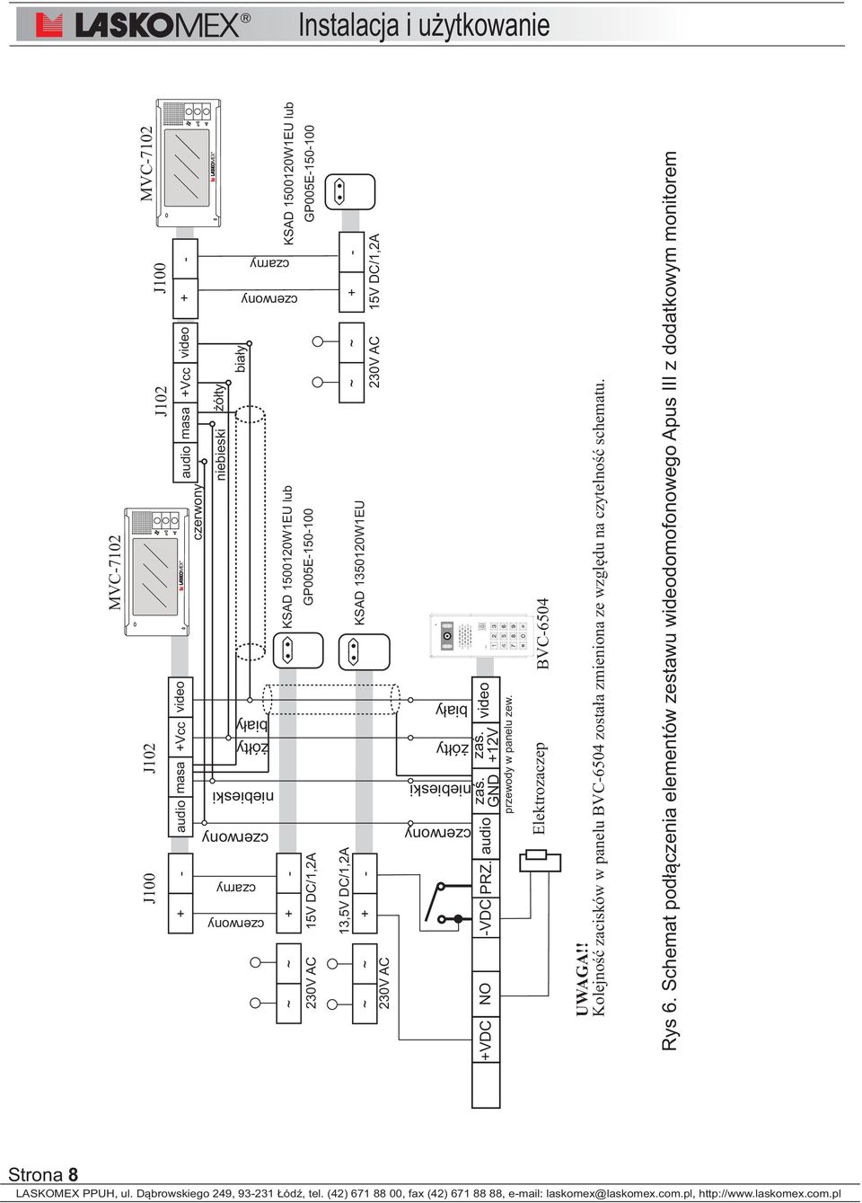 ó³ty bia³y czarny czarny +VDC NO -VDC PRZ. zaœ. GND zaœ. +12V audio video przewody w panelu zew. Elektrozaczep BVC-6504 UWAGA!