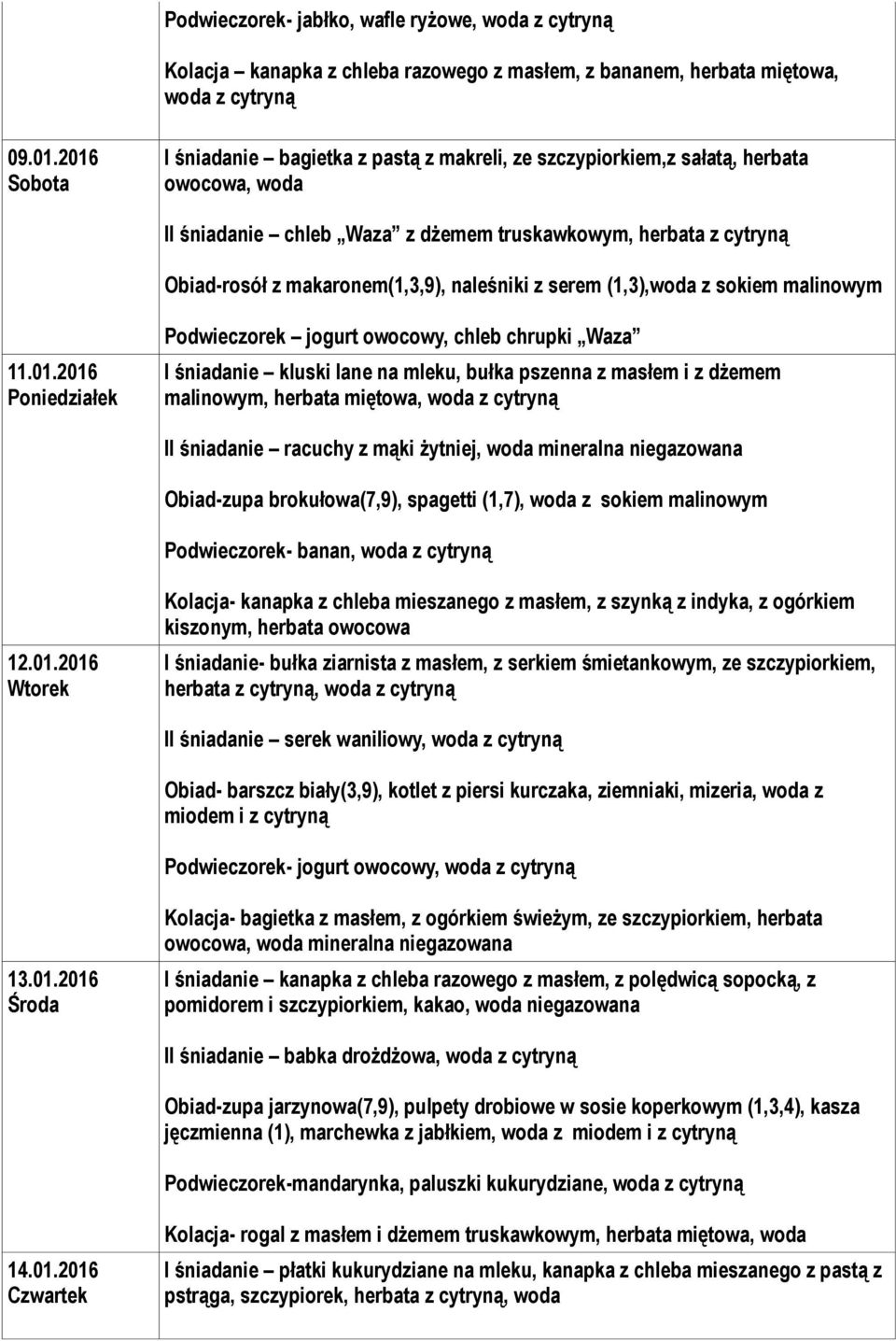 naleśniki z serem (1,3),woda z sokiem malinowym 11.01.