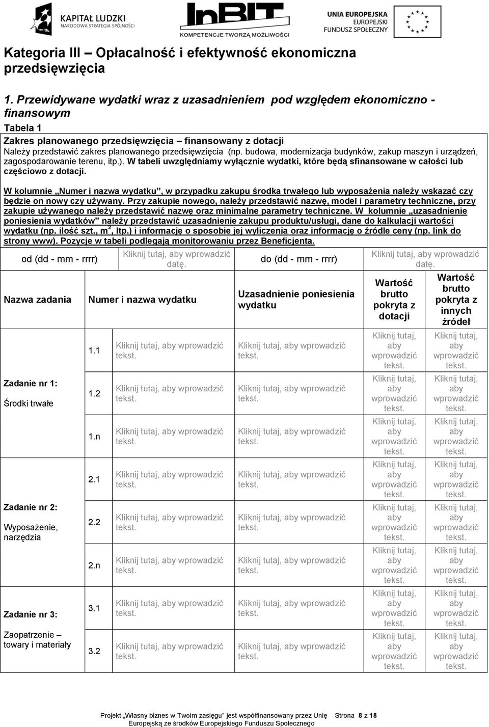 (np. budowa, modernizacja budynków, zakup maszyn i urządzeń, zagospodarowanie terenu, itp.). W tabeli uwzględniamy wyłącznie wydatki, które będą sfinansowane w całości lub częściowo z dotacji.