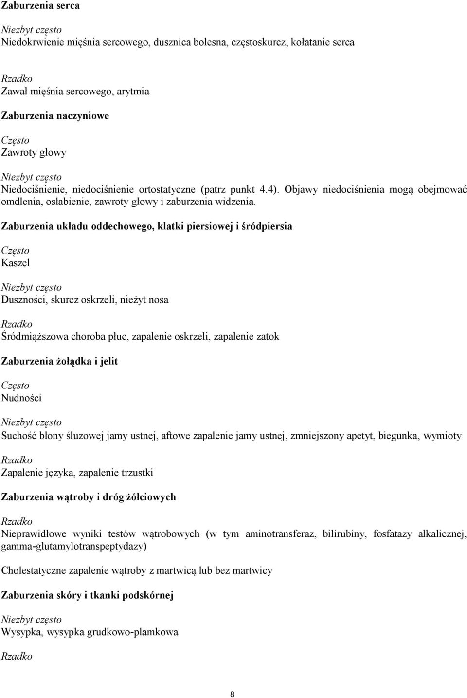 Zaburzenia układu oddechowego, klatki piersiowej i śródpiersia Często Kaszel Duszności, skurcz oskrzeli, nieżyt nosa Śródmiąższowa choroba płuc, zapalenie oskrzeli, zapalenie zatok Zaburzenia żołądka
