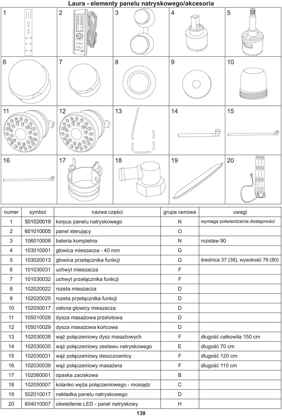101030032 uchwyt przełącznika funkcji F 8 102020022 rozeta mieszacza D 9 102020025 rozeta przełącznika funkcji D 10 102050017 osłona głowicy mieszacza D 11 105010028 dysza masażowa przelotowa D 12
