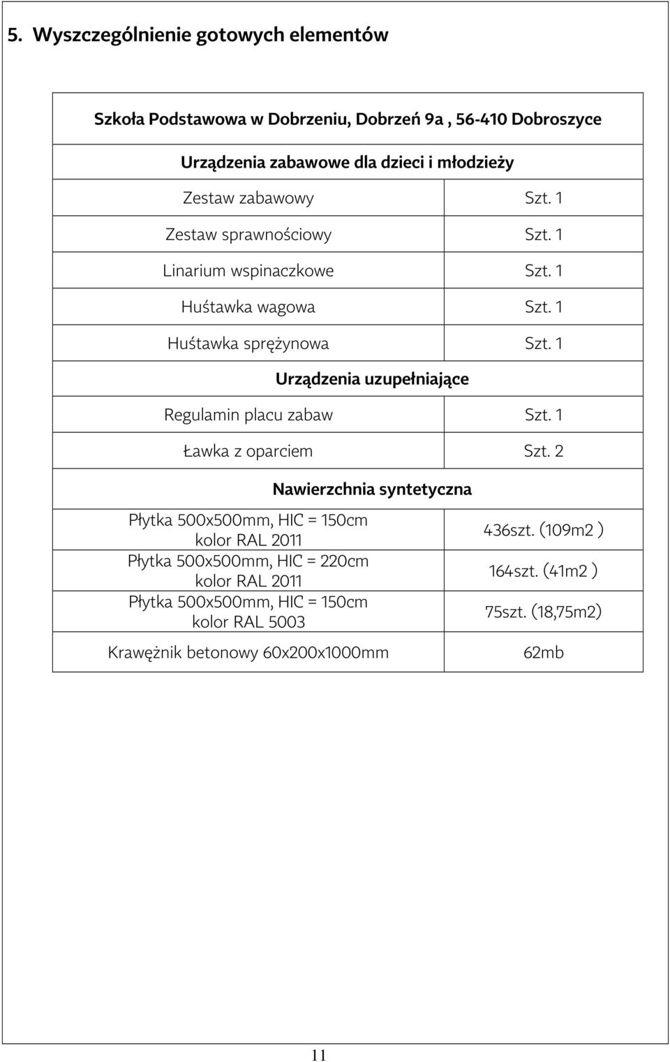 1 Urządzenia uzupełniające Regulamin placu zabaw Szt. 1 Ławka z oparciem Szt.