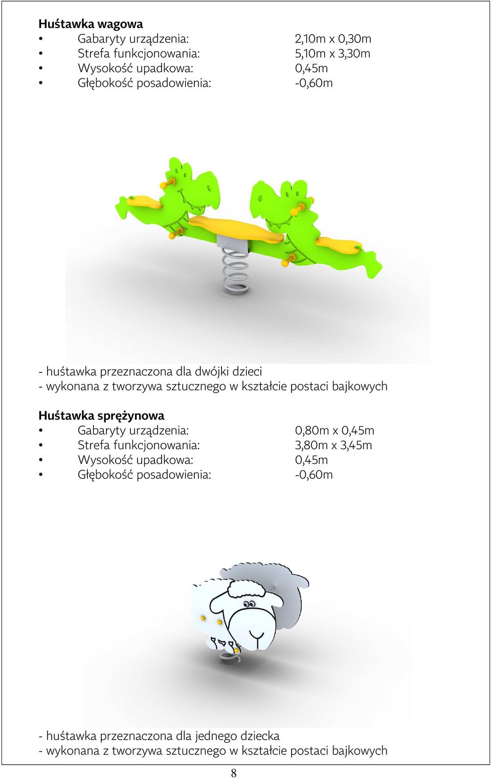 Huśtawka sprężynowa Gabaryty urządzenia: 0,80m x 0,45m Strefa funkcjonowania: 3,80m x 3,45m Wysokość upadkowa: