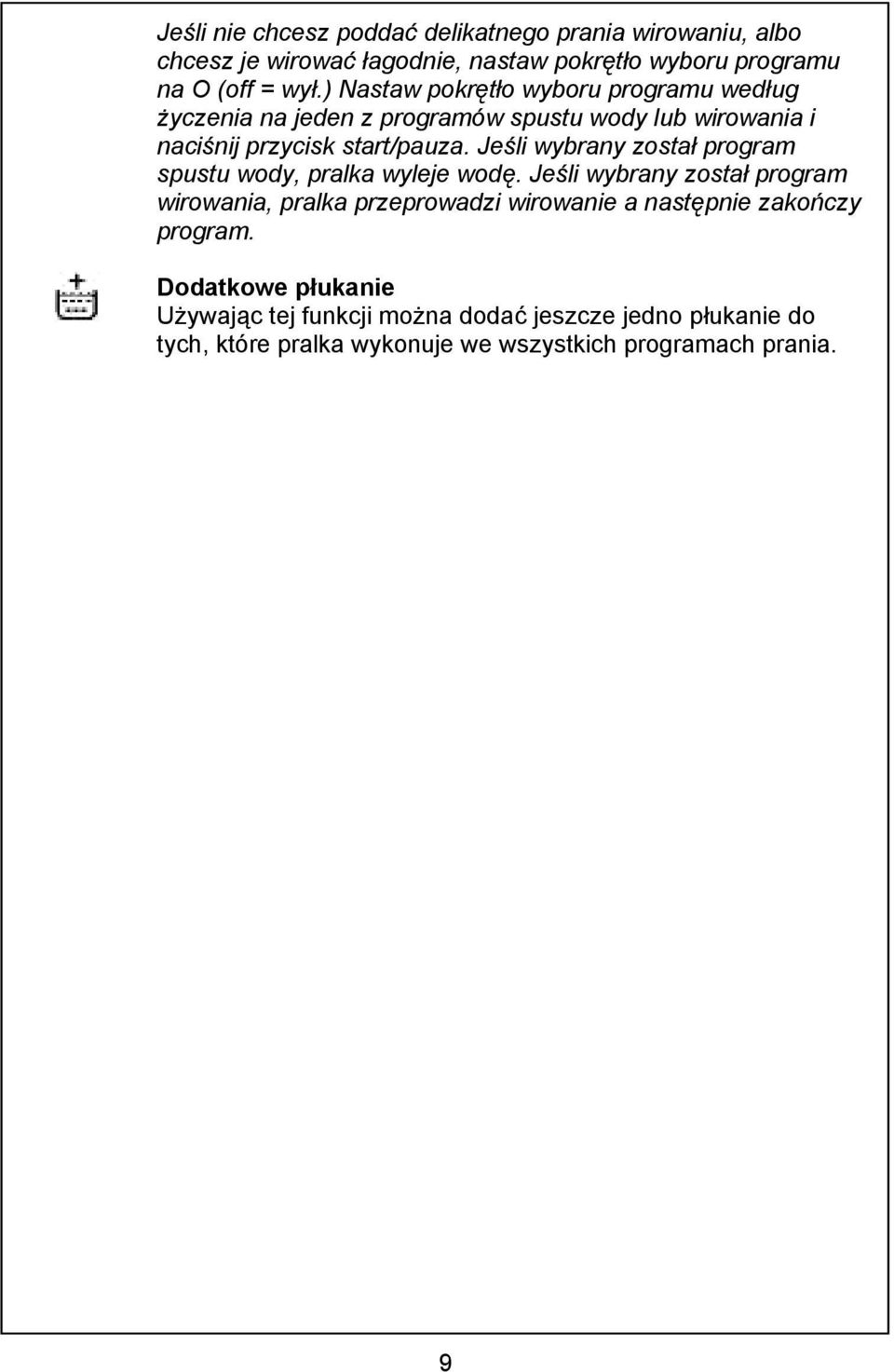 Jeśli wybrany został program spustu wody, pralka wyleje wodę.