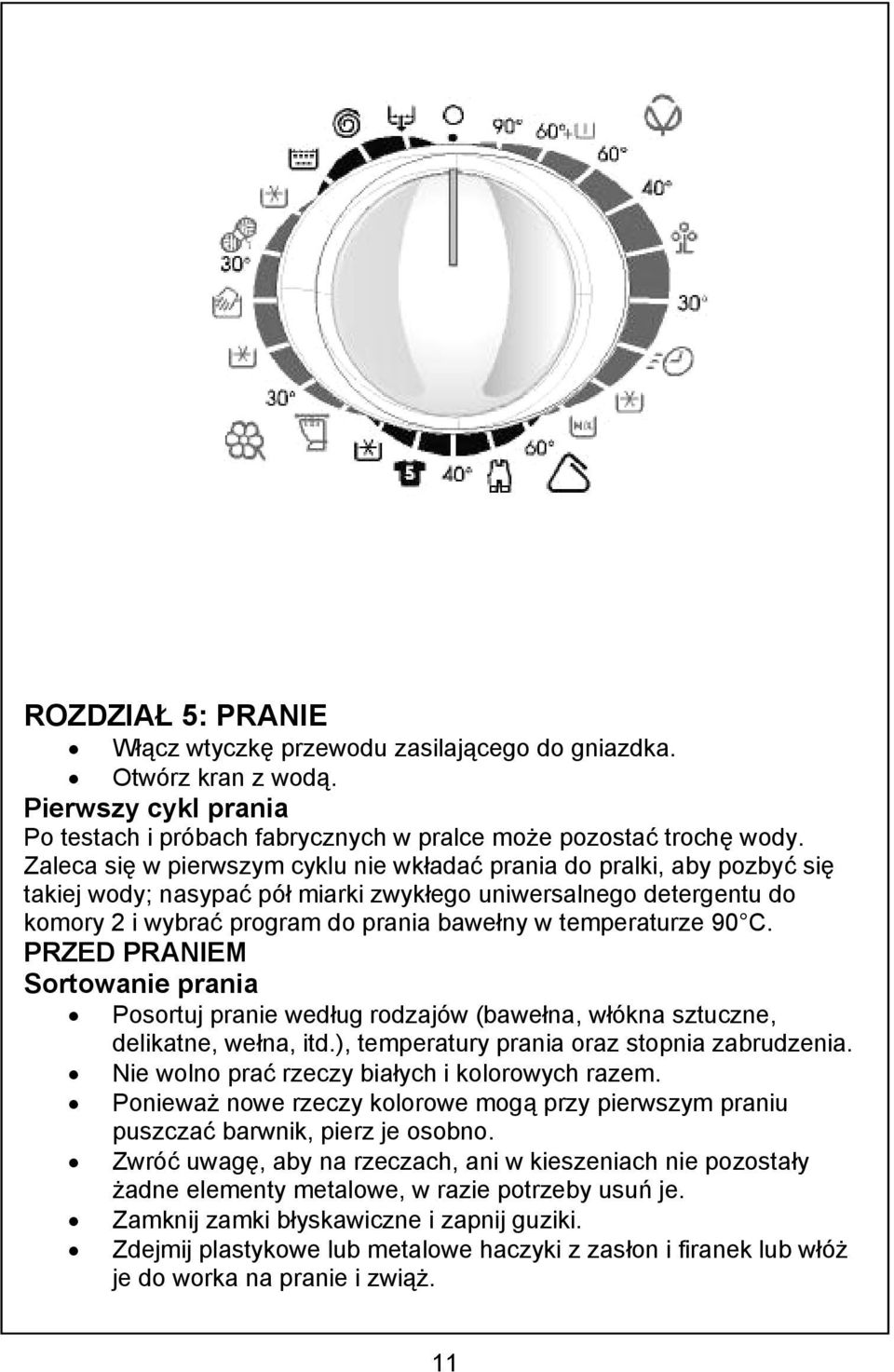 temperaturze 90 C. PRZED PRANIEM Sortowanie prania Posortuj pranie według rodzajów (bawełna, włókna sztuczne, delikatne, wełna, itd.), temperatury prania oraz stopnia zabrudzenia.