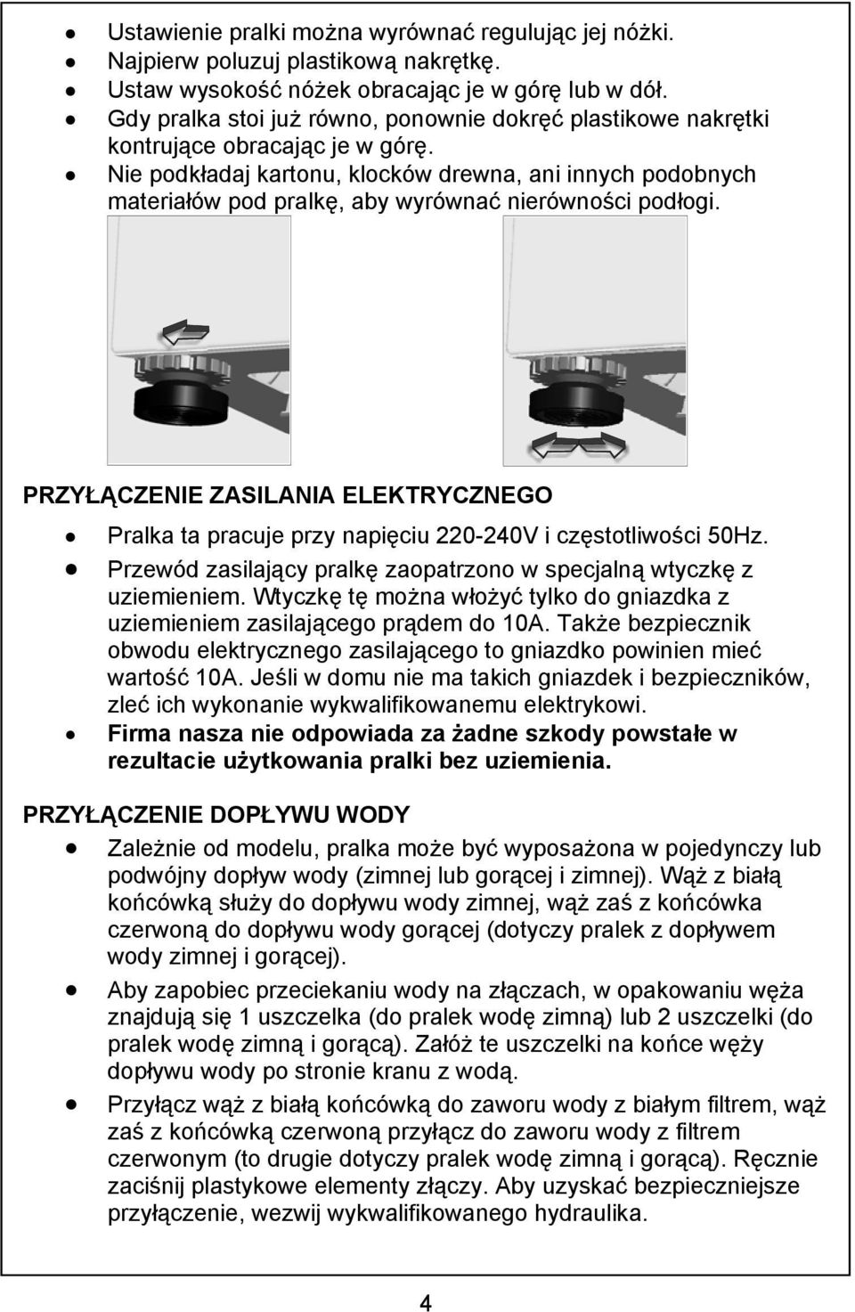 Nie podkładaj kartonu, klocków drewna, ani innych podobnych materiałów pod pralkę, aby wyrównać nierówności podłogi.