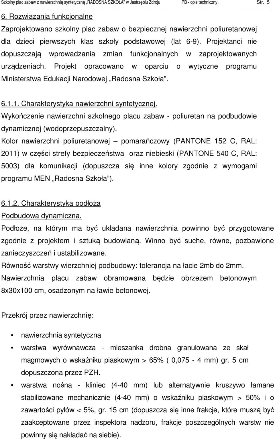 Projektanci nie dopuszczają wprowadzania zmian funkcjonalnych w zaprojektowanych urządzeniach. Projekt opracowano w oparciu o wytyczne programu Ministerstwa Edukacji Narodowej Radosna Szkoła. 6.1.