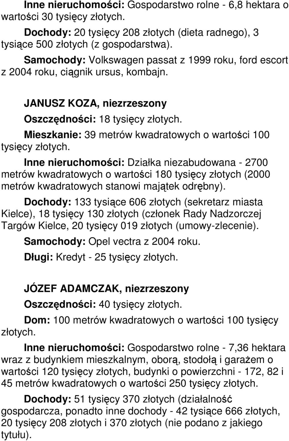 JANUSZ KOZA, niezrzeszony Oszczędności: 18 tysięcy Mieszkanie: 39 metrów kwadratowych o wartości 100 tysięcy Inne nieruchomości: Działka niezabudowana - 2700 metrów kwadratowych o wartości 180