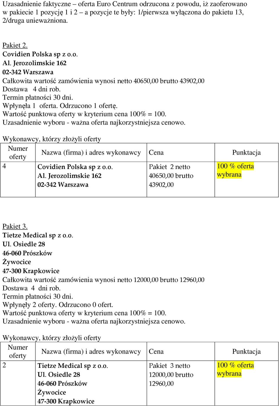 Wykonawcy, którzy złoŝyli 4 Covidien Polska sp z o.o. Al. Jerozolimskie 162 02-342 Warszawa Pakiet 2 netto 40650,00 brutto 43902,00 Pakiet 3. Tietze Medical sp z o.o. Ul.