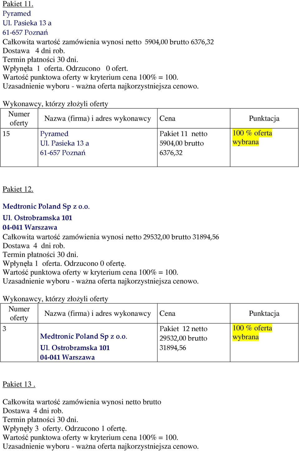 Odrzucono 0 ofertę. Wykonawcy, którzy złoŝyli 3 Medtronic Poland Sp z o.o. Ul. Ostrobramska 101 04-041 Warszawa Pakiet 12 netto 29532,00 brutto 31894,56 Pakiet 13.