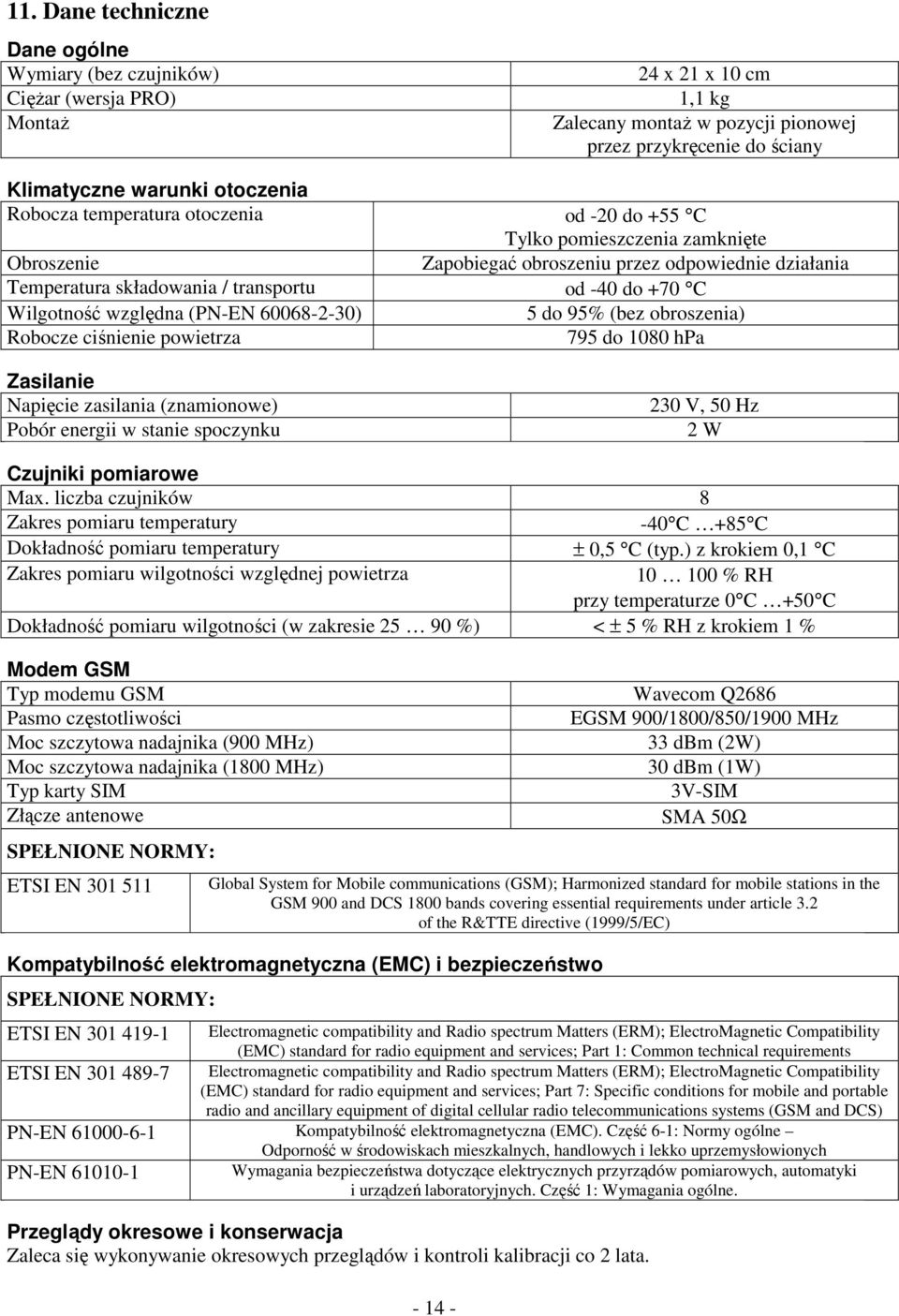 wzgldna (PN-EN 60068-2-30) 5 do 95% (bez obroszenia) Robocze cinienie powietrza 795 do 1080 hpa Zasilanie Napicie zasilania (znamionowe) Pobór energii w stanie spoczynku 230 V, 50 Hz 2 W Czujniki