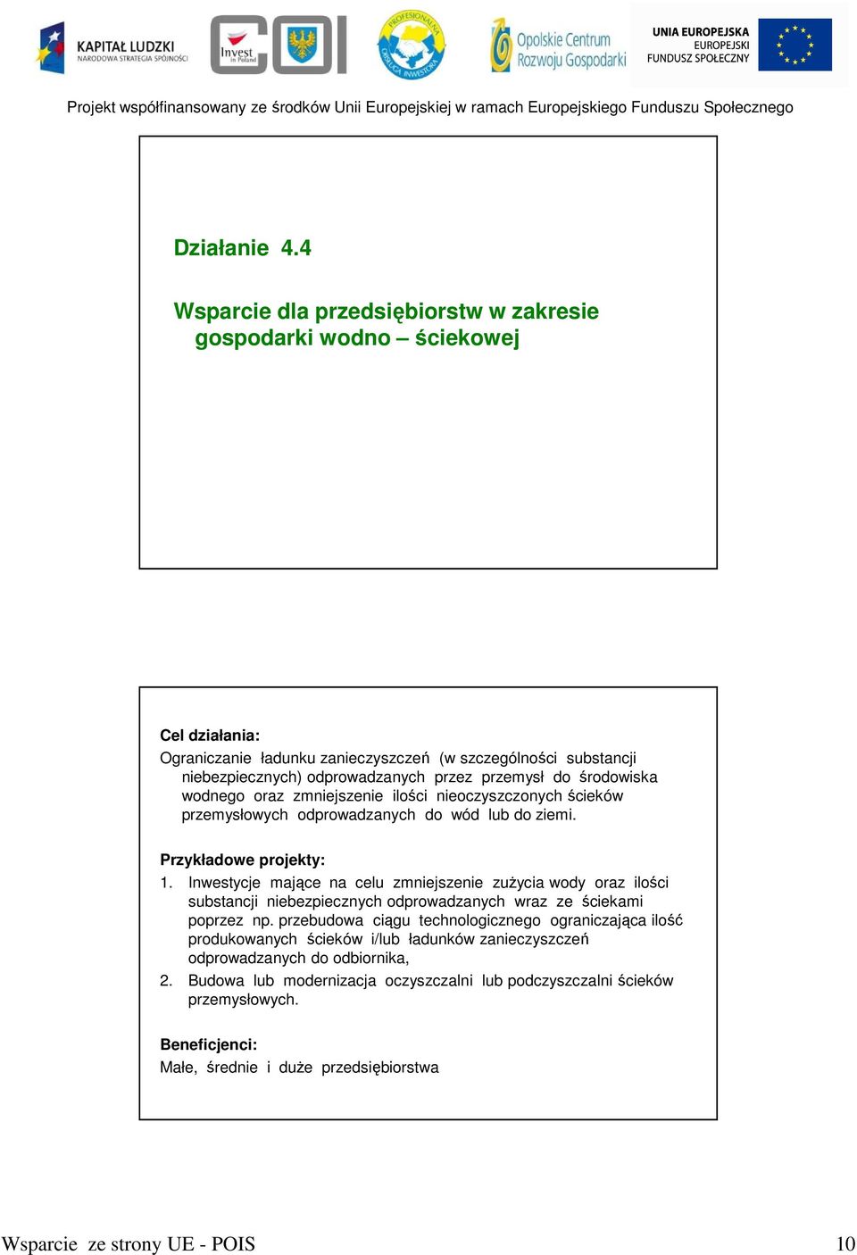 środowiska wodnego oraz zmniejszenie ilości nieoczyszczonych ścieków przemysłowych odprowadzanych do wód lub do ziemi. Przykładowe projekty: 1.