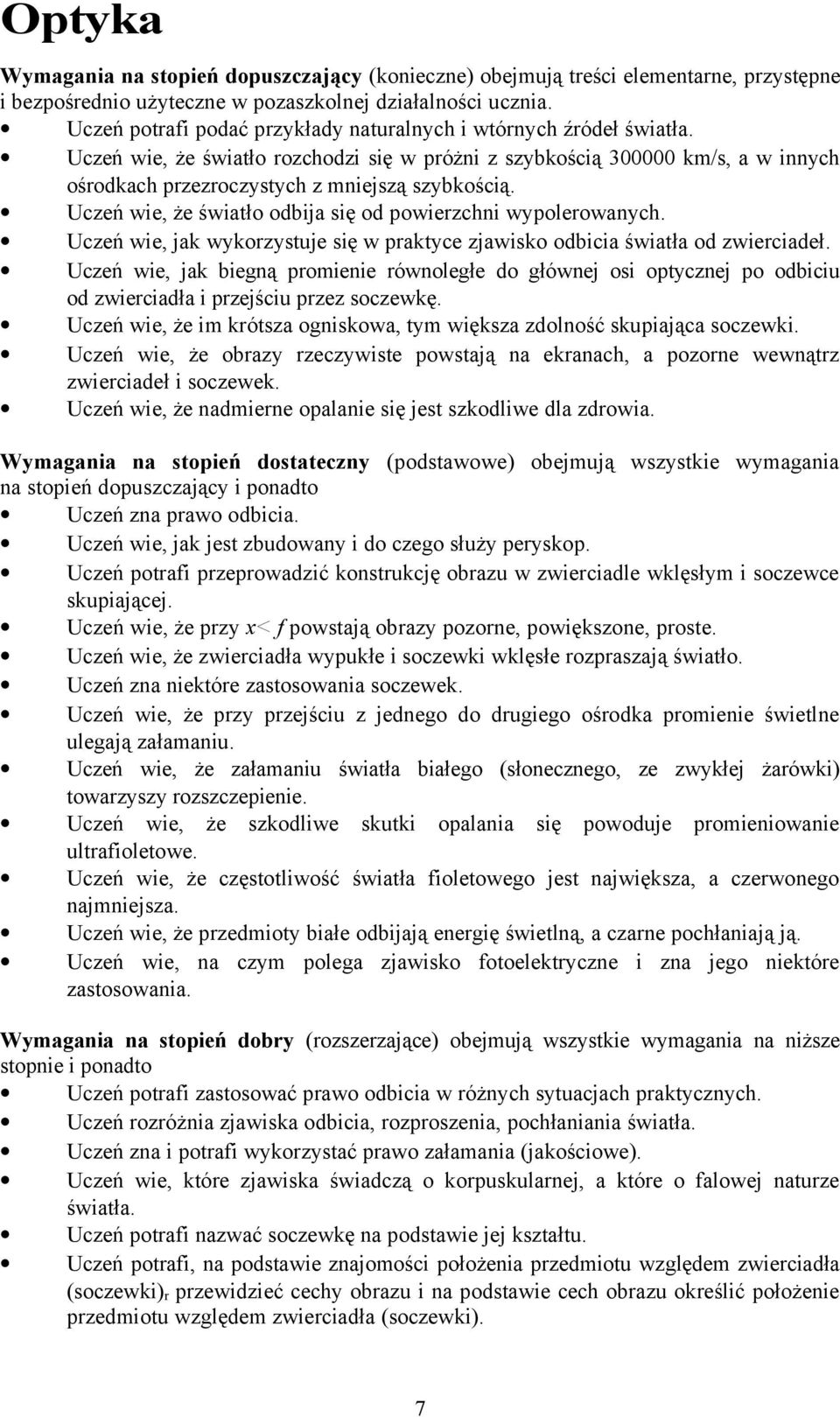 Uczeń wie, że światło odbija się od powierzchni wypolerowanych. Uczeń wie, jak wykorzystuje się w praktyce zjawisko odbicia światła od zwierciadeł.