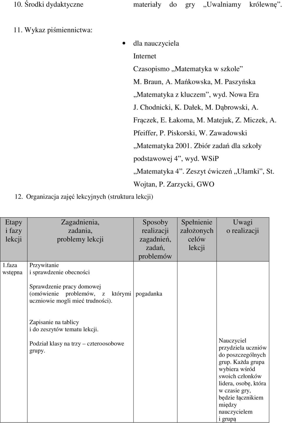 Zbiór zadań dla szkoły podstawowej 4, wyd. WSiP Matematyka 4. Zeszyt ćwiczeń Ułamki, St. Wojtan, P. Zarzycki, GWO 12. Organizacja zajęć lekcyjnych (struktura lekcji) Etapy i fazy lekcji 1.