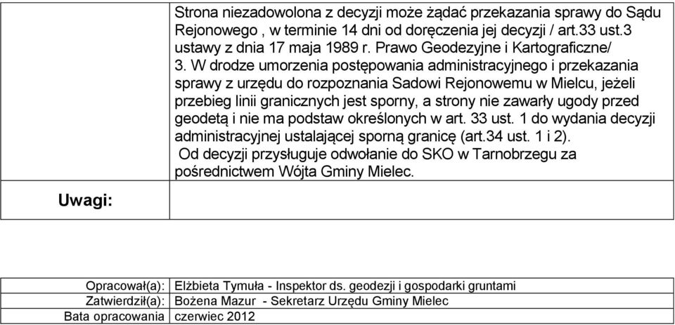 W drodze umorzenia postępowania administracyjnego i przekazania sprawy z urzędu do rozpoznania Sadowi Rejonowemu, jeżeli przebieg linii granicznych jest sporny, a strony nie zawarły ugody przed