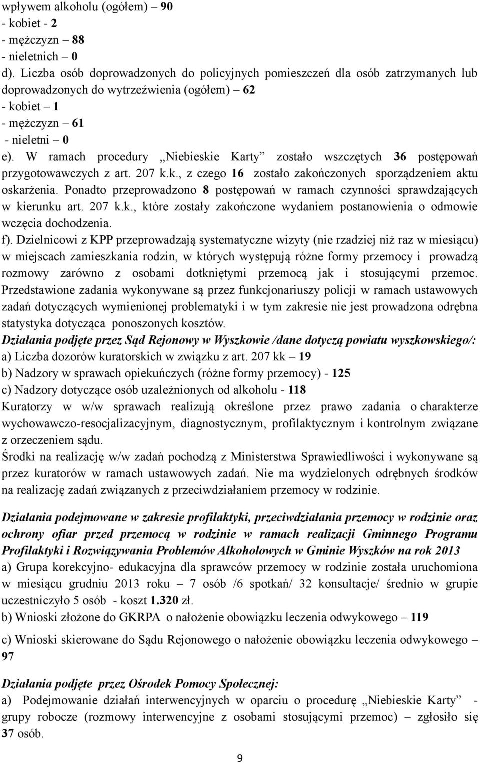 W ramach procedury Niebieskie Karty zostało wszczętych 36 postępowań przygotowawczych z art. 207 k.k., z czego 16 zostało zakończonych sporządzeniem aktu oskarżenia.