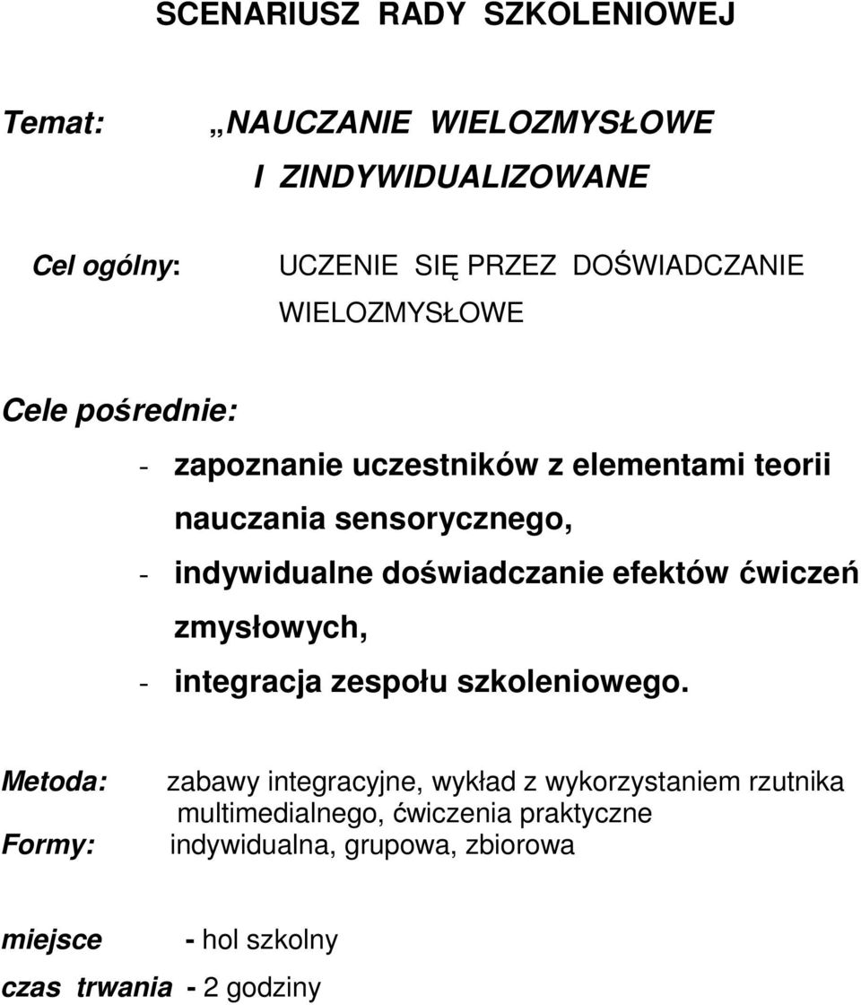 doświadczanie efektów ćwiczeń zmysłowych, - integracja zespołu szkoleniowego.