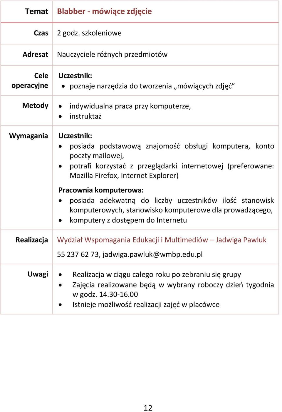 przeglądarki internetowej (preferowane: Mozilla Firefox, Internet Explorer) Pracownia komputerowa: posiada adekwatną do liczby uczestników ilość stanowisk komputerowych, stanowisko