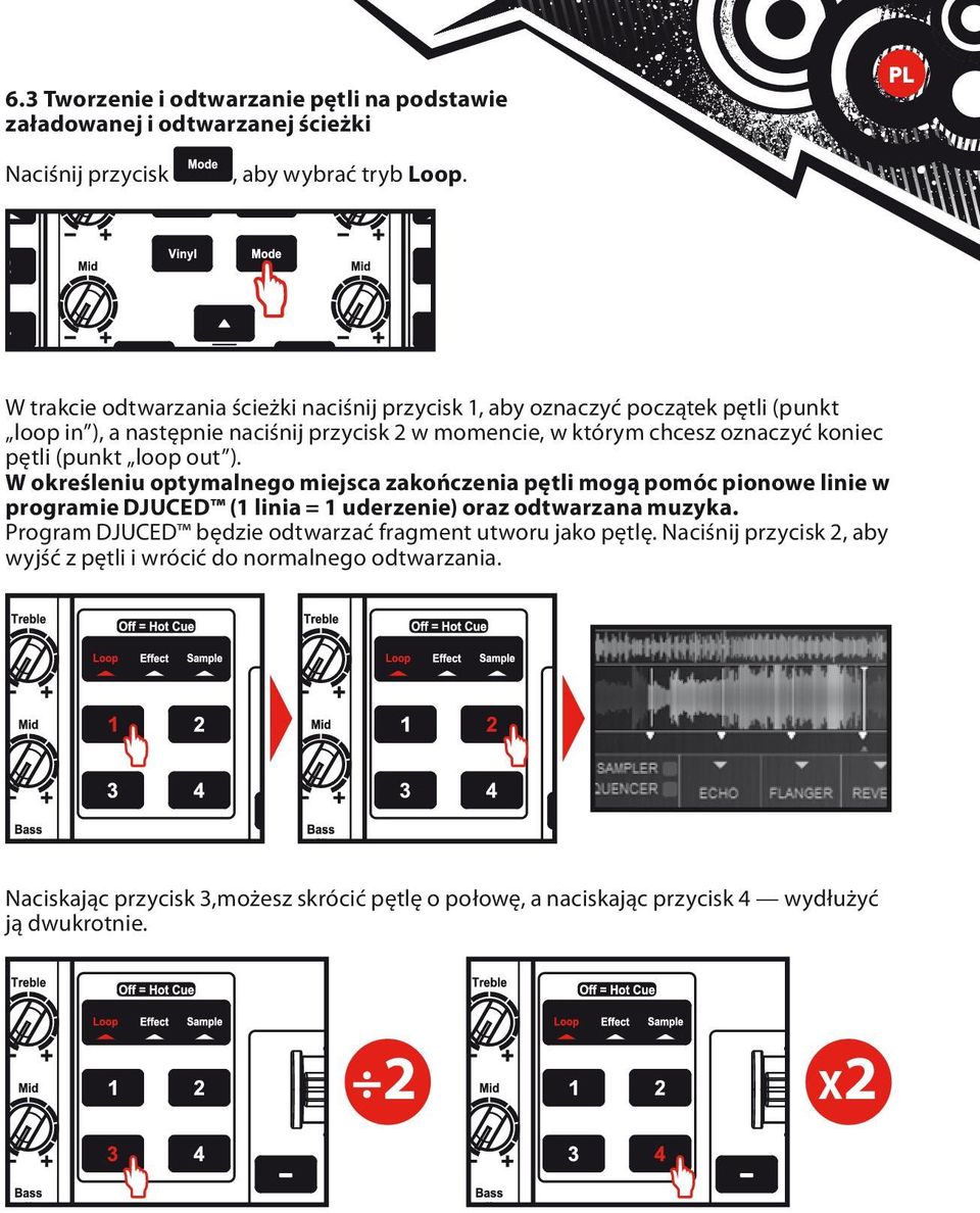 pętli (punkt loop out ). W określeniu optymalnego miejsca zakończenia pętli mogą pomóc pionowe linie w programie DJUCED (1 linia = 1 uderzenie) oraz odtwarzana muzyka.