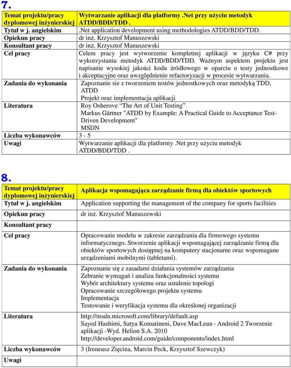 Ważnym aspektem projektu jest napisanie wysokiej jakości kodu źródłowego w oparciu o testy jednostkowe i akceptacyjne oraz uwzględnienie refactoryzacji w procesie wytwarzania.