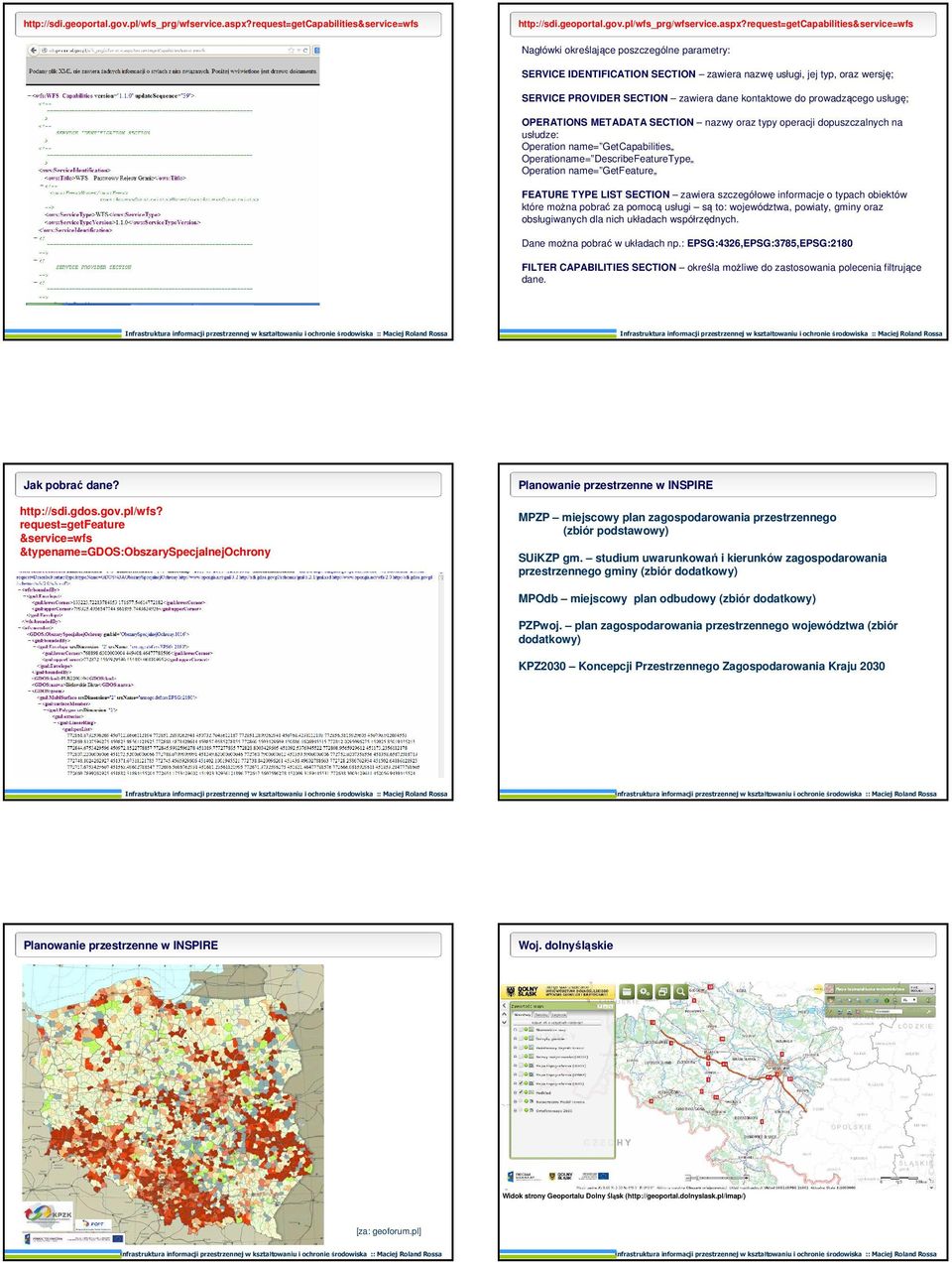 PROVIDER SECTION zawiera dane kontaktowe do prowadzącego usługę; OPERATIONS METADATA SECTION nazwy oraz typy operacji dopuszczalnych na usłudze: Operation name= GetCapabilities Operationame=