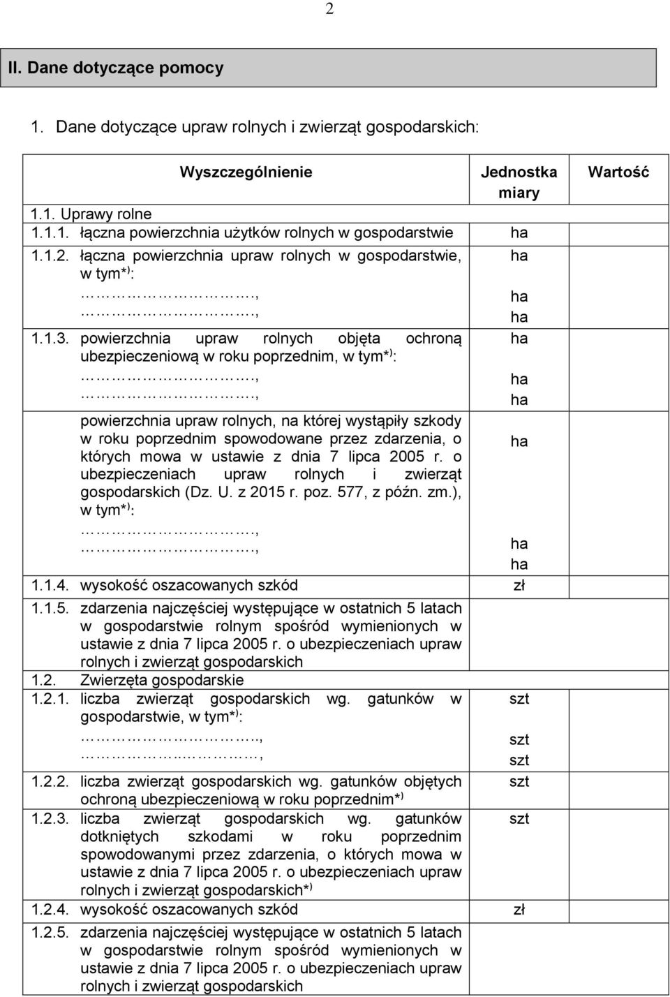 których mowa w ustawie z dnia 7 lipca 2005 r. o ubezpieczeniach upraw rolnych i zwierząt gospodarskich (Dz. U. z 2015 r. poz. 577, z późn. zm.), w tym*): 1.1.4. wysokość oszacowanych szkód zł 1.1.5. zdarzenia najczęściej występujące w ostatnich 5 latach w gospodarstwie rolnym spośród wymienionych w rolnych i zwierząt gospodarskich 1.