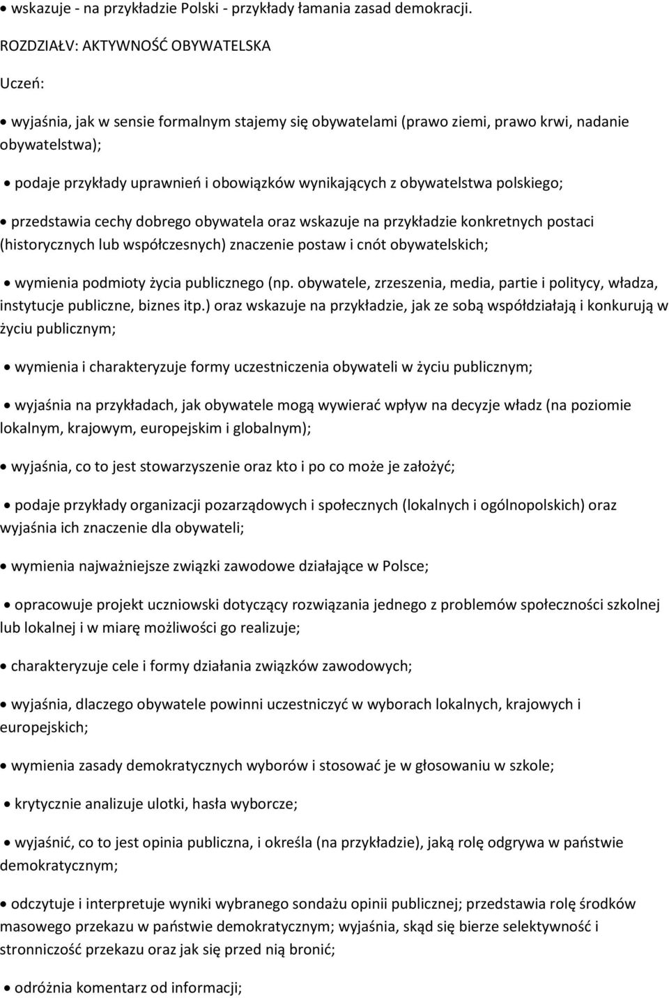 obywatelstwa polskiego; przedstawia cechy dobrego obywatela oraz wskazuje na przykładzie konkretnych postaci (historycznych lub współczesnych) znaczenie postaw i cnót obywatelskich; wymienia podmioty