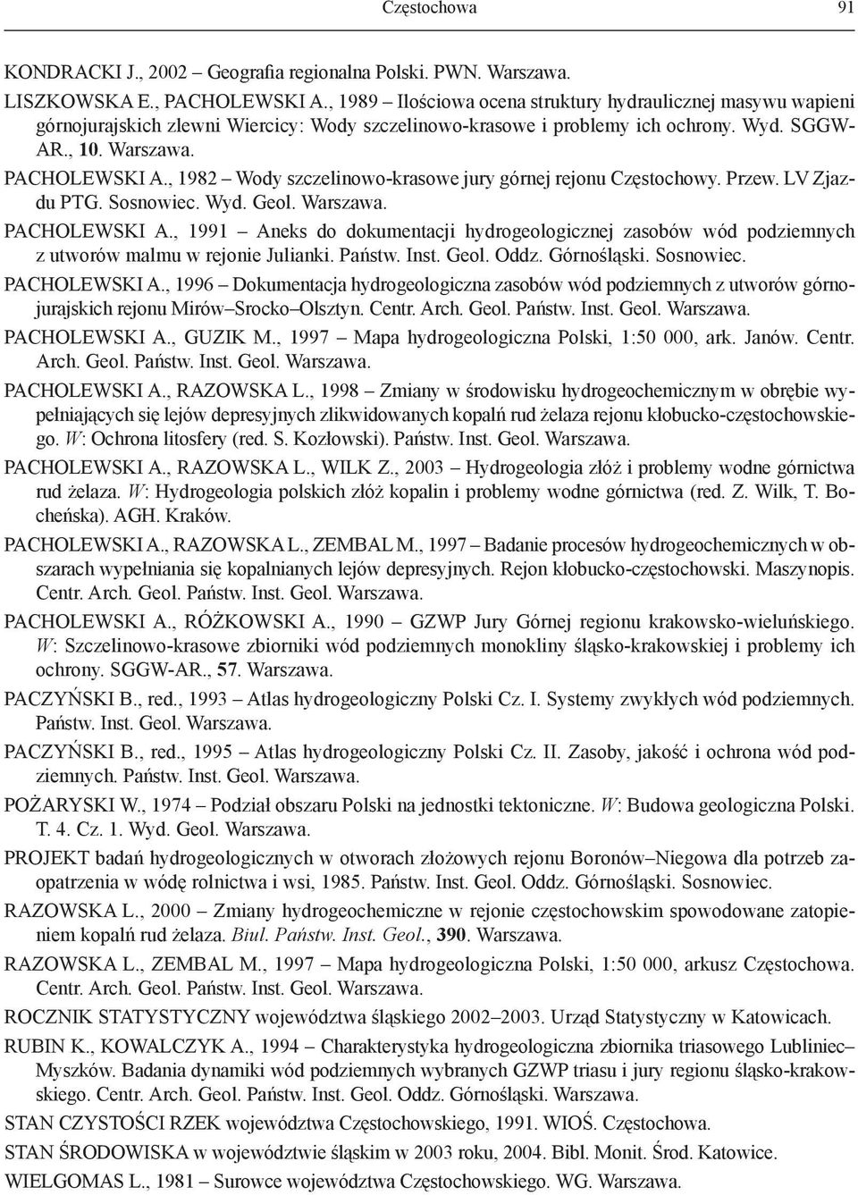 , 1982 Wody szczelinowo-krasowe jury górnej rejonu Częstochowy. Przew. LV Zjazdu PTG. Sosnowiec. Wyd. Geol. Warszawa. PACHOLEWSKI A.