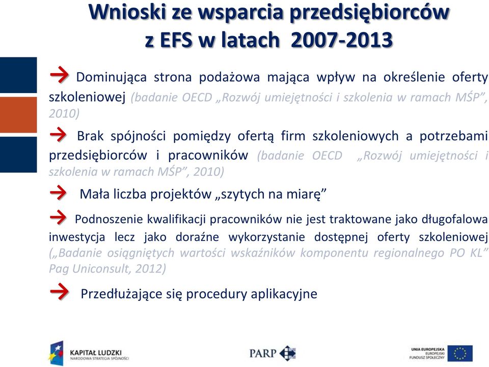 szkolenia w ramach MŚP, 2010) Mała liczba projektów szytych na miarę Podnoszenie kwalifikacji pracowników nie jest traktowane jako długofalowa inwestycja lecz jako