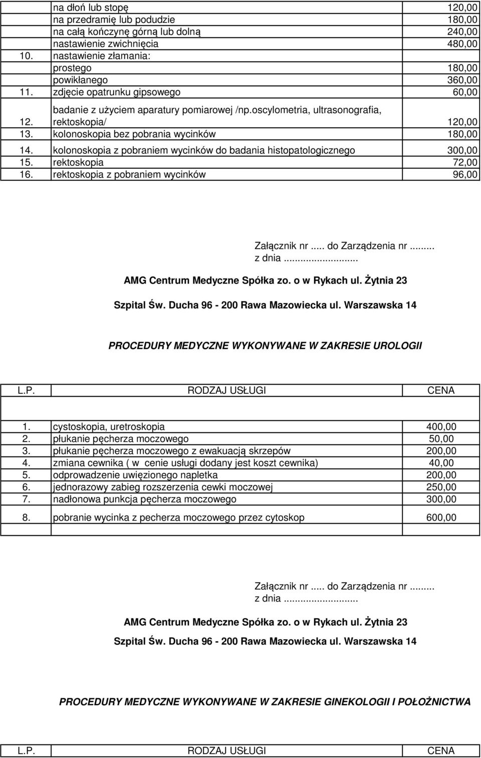 kolonoskopia z pobraniem wycinków do badania histopatologicznego 300,00 15. rektoskopia 16. rektoskopia z pobraniem wycinków 96,00 PROCEDURY MEDYCZNE WYKONYWANE W ZAKRESIE UROLOGII 1.