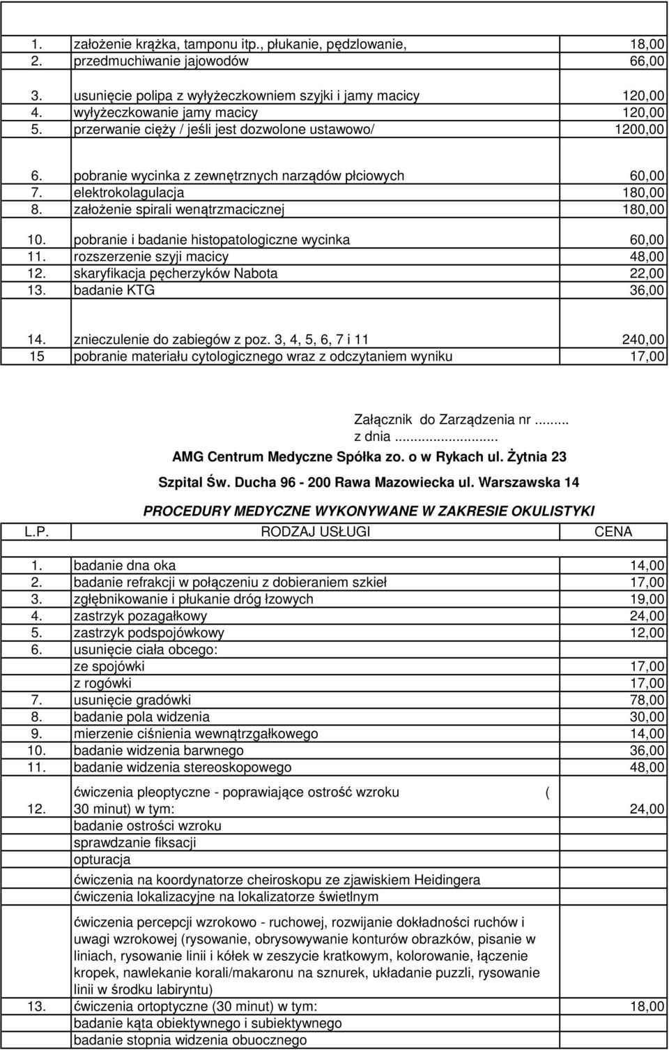 pobranie i badanie histopatologiczne wycinka 11. rozszerzenie szyji macicy 12. skaryfikacja pęcherzyków Nabota 13. badanie KTG 36,00 14. znieczulenie do zabiegów z poz.