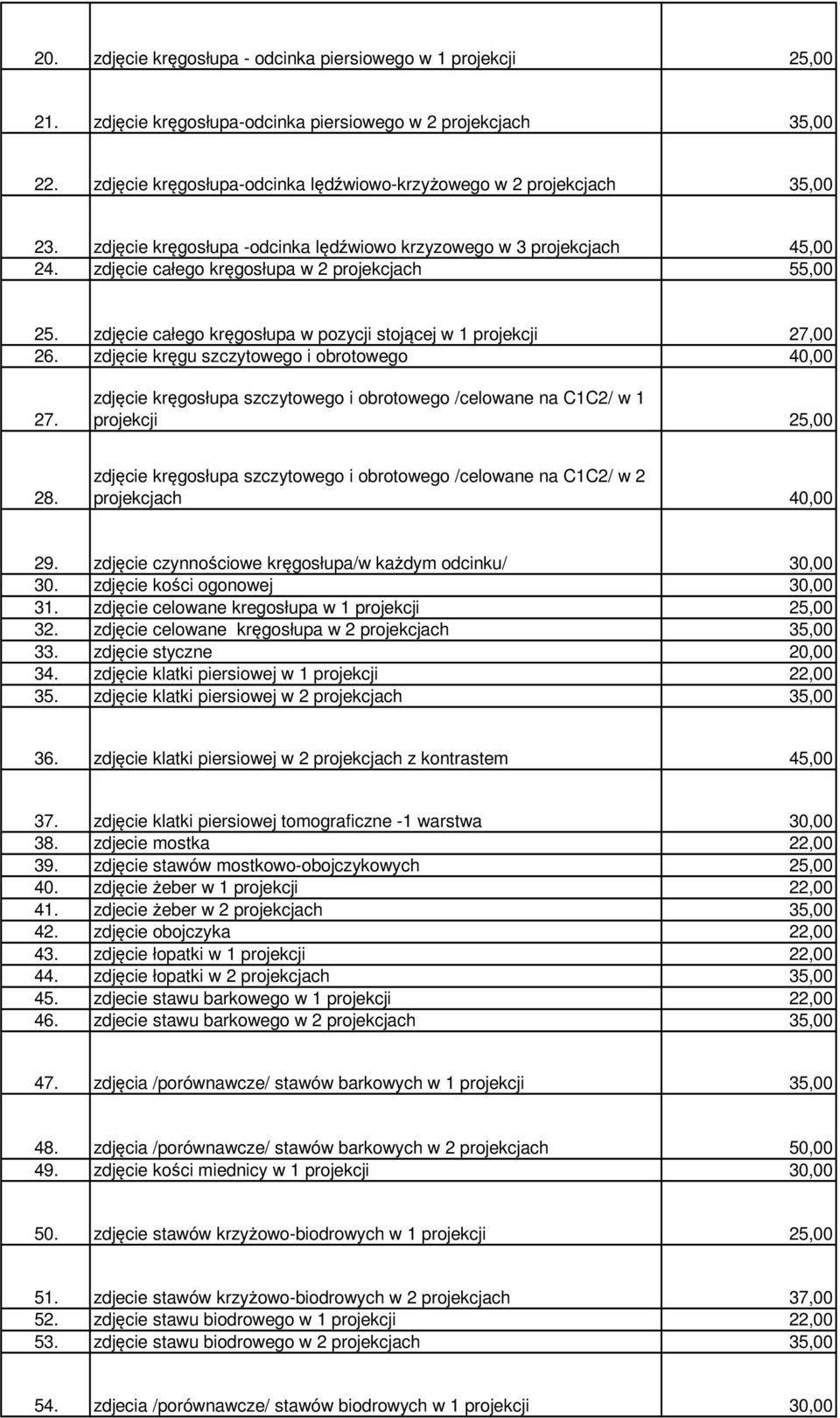 zdjęcie kręgu szczytowego i obrotowego 40,00 zdjęcie kręgosłupa szczytowego i obrotowego /celowane na C1C2/ w 1 27. projekcji zdjęcie kręgosłupa szczytowego i obrotowego /celowane na C1C2/ w 2 28.