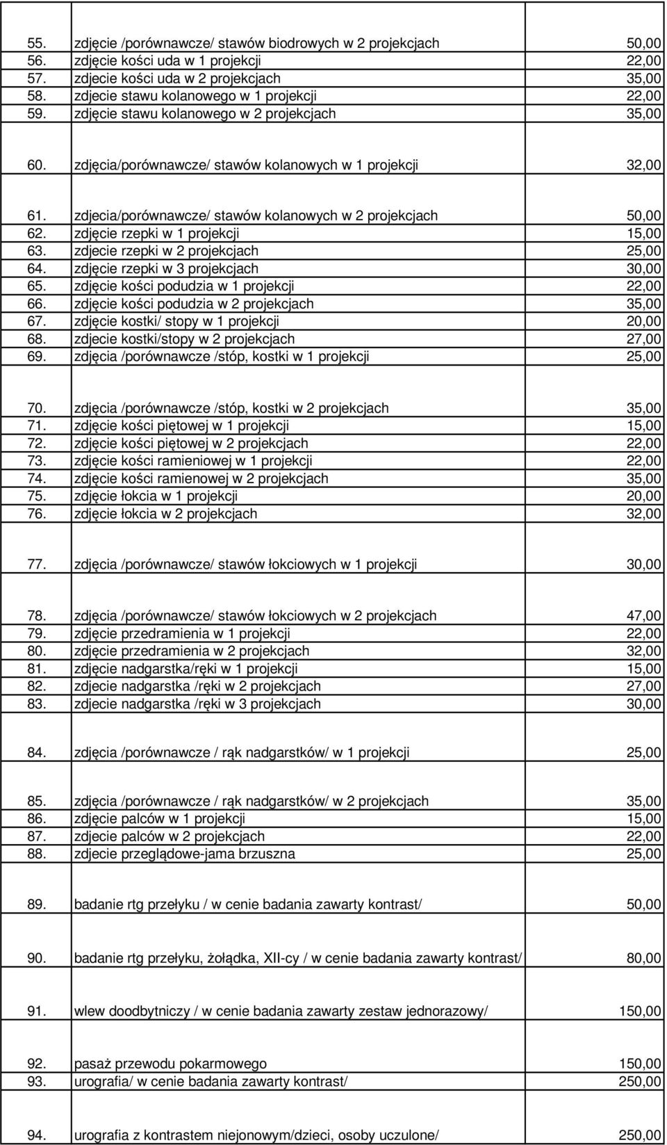 zdjęcie rzepki w 1 projekcji 15,00 63. zdjecie rzepki w 2 projekcjach 64. zdjęcie rzepki w 3 projekcjach 65. zdjęcie kości podudzia w 1 projekcji 66. zdjęcie kości podudzia w 2 projekcjach 67.