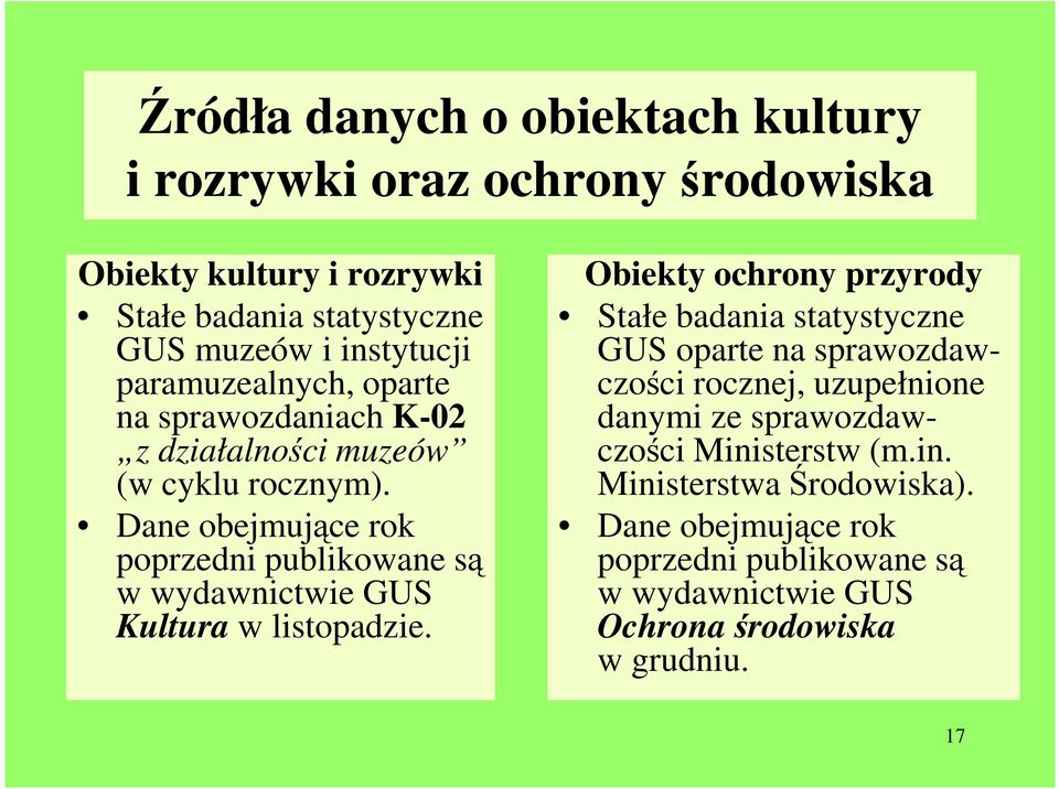 Dane obejmujące rok poprzedni publikowane są w wydawnictwie GUS Kultura w listopadzie.