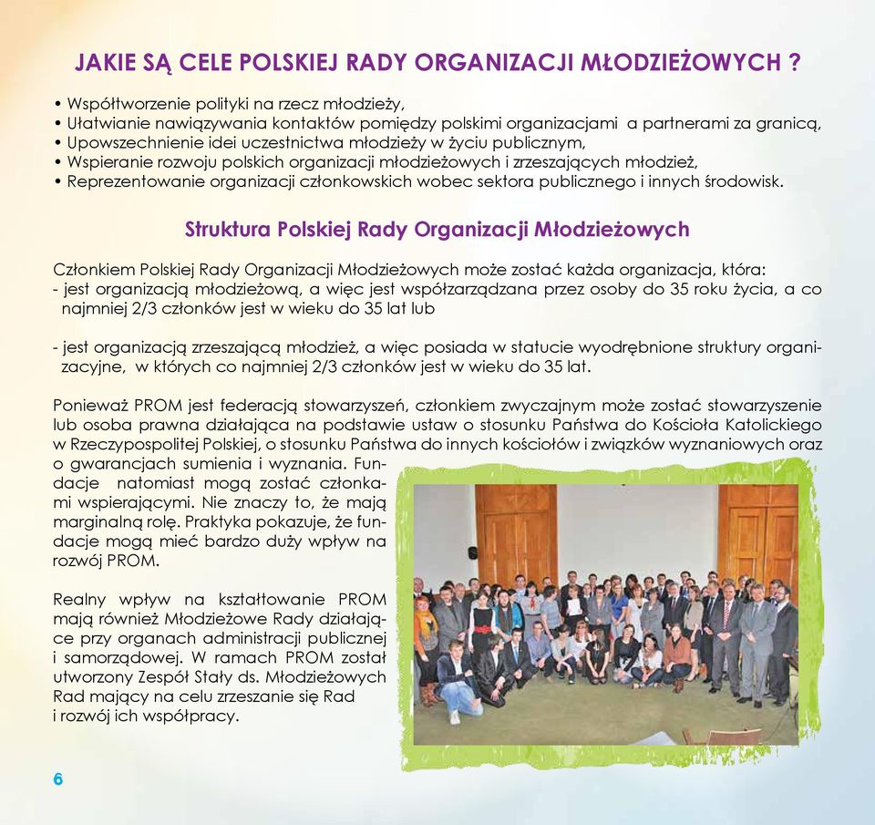 Wspieranie rozwoju polskich organizacji młodzieżowych i zrzeszających młodzież, Reprezentowanie organizacji członkowskich wobec sektora publicznego i innych środowisk.