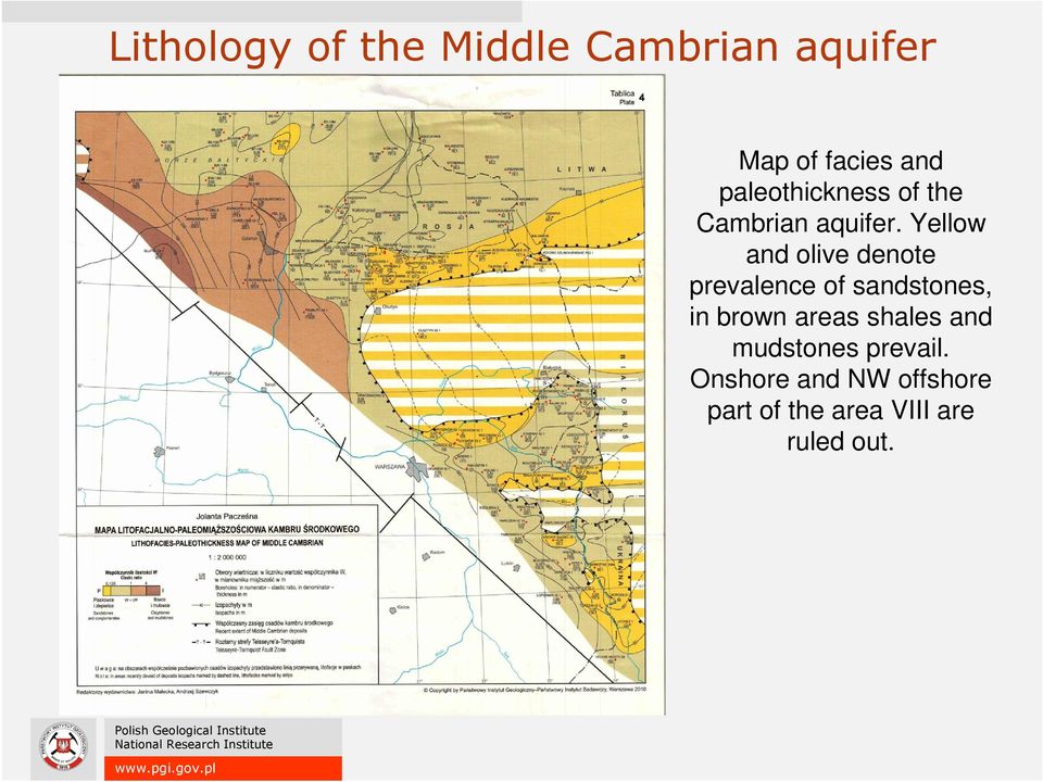 Yellow and olive denote prevalence of sandstones, in brown