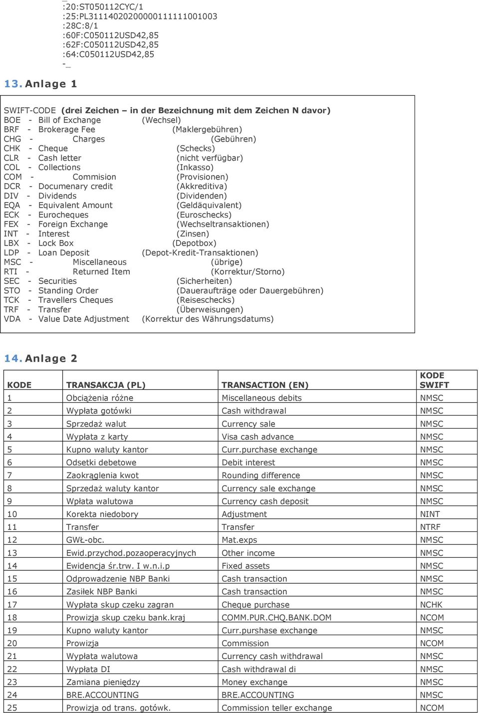 Commision (Provisionen) DCR - Documenary credit (Akkreditiva) DIV - Dividends (Dividenden) EQA - Equivalent Amount (Geldäquivalent) ECK - Eurocheques (Euroschecks) FEX - Foreign Exchange