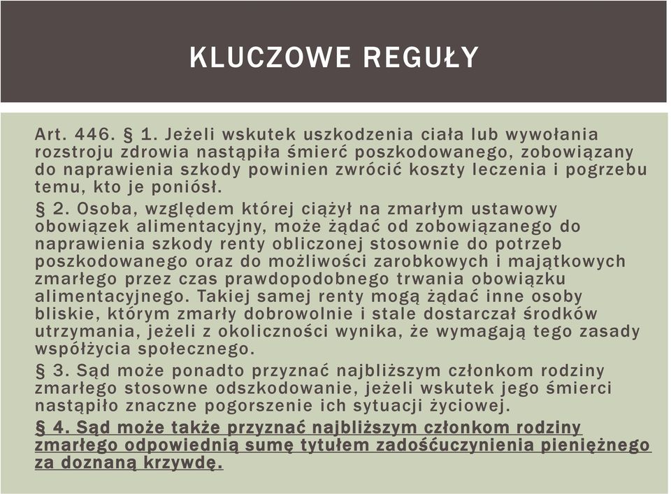 Osoba, względem której ciążył na zmarłym ustawowy obowiązek alimentacyjny, może żądać od zobowiązanego do naprawienia szkody renty obliczonej stosownie do potrzeb poszkodowanego oraz do możliwości