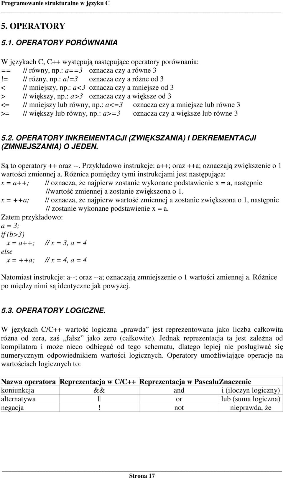 : a>=3 oznacza czy a większe lub równe 3 5.2. OPERATORY INKREMENTACJI (ZWIĘKSZANIA) I DEKREMENTACJI (ZMNIEJSZANIA) O JEDEN. Są to operatory ++ oraz --.