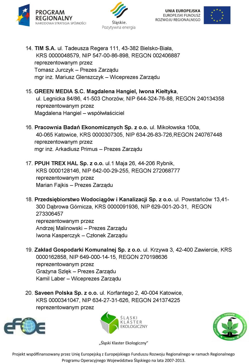 o. ul. Mikołowska 100a, 40-065 Katowice, KRS 0000307305, NIP 634-26-83-726,REGON 240767448 mgr inż. Arkadiusz Primus Prezes Zarządu 17. PPUH TREX HAL Sp. z o.o. ul.1 Maja 26, 44-206 Rybnik, KRS 0000128146, NIP 642-00-29-255, REGON 272068777 Marian Fajkis Prezes Zarządu 18.